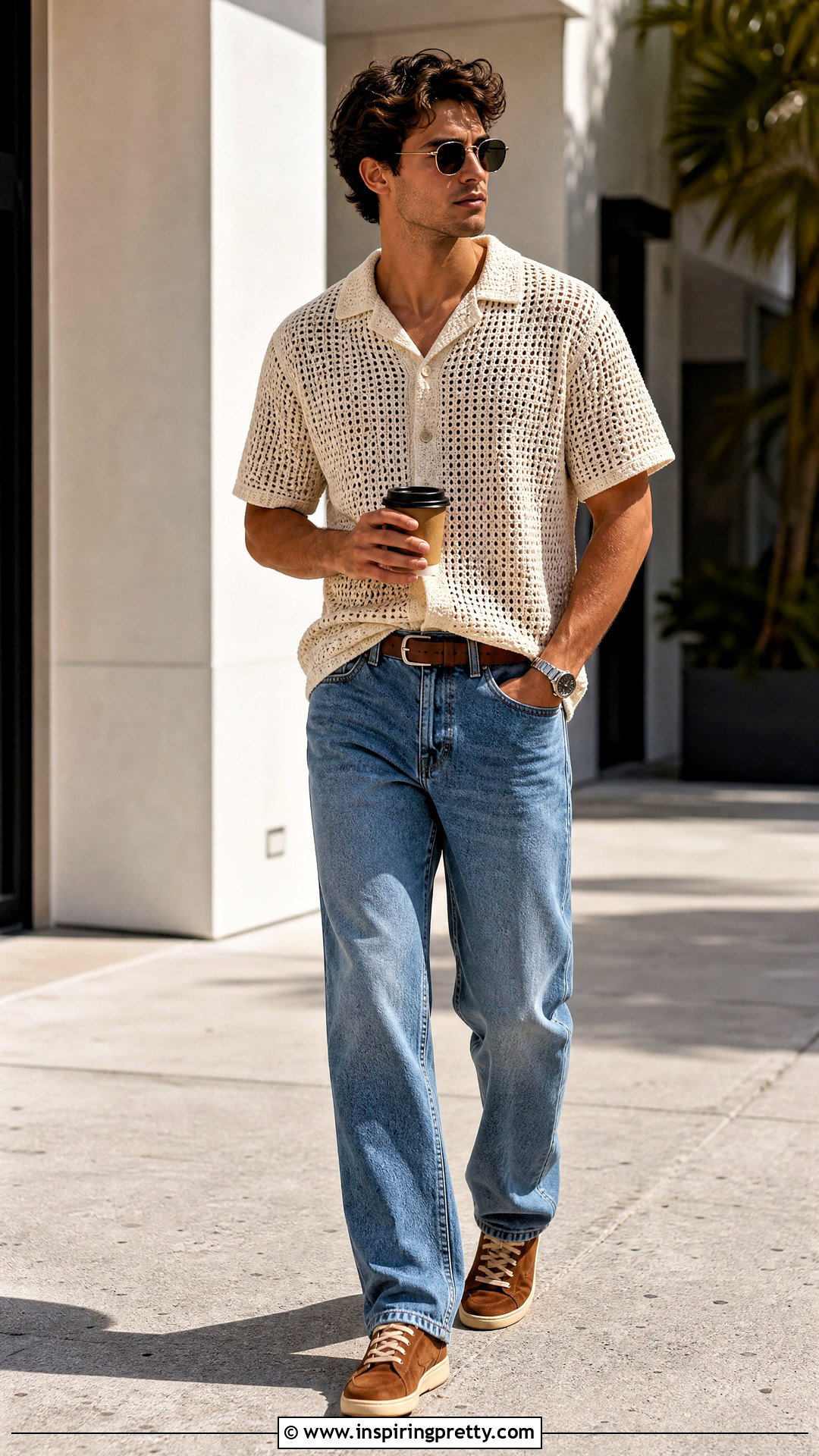 Cream Crochet Top With Blue Jeans - 50 crochet top for men outfit ideas