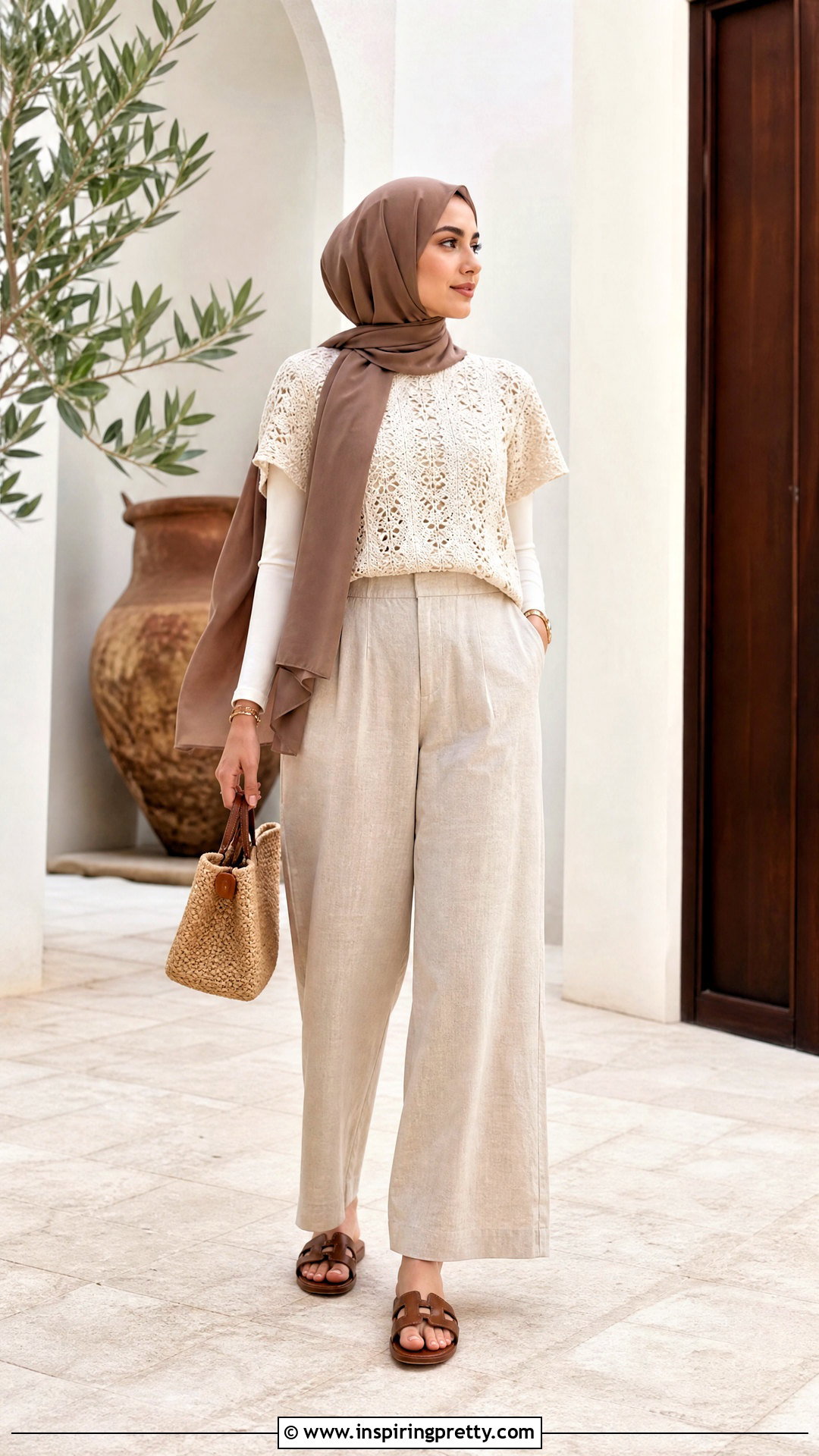 Cream Crochet Top With Linen Trousers - 25 crochet top hijabi outfit ideas