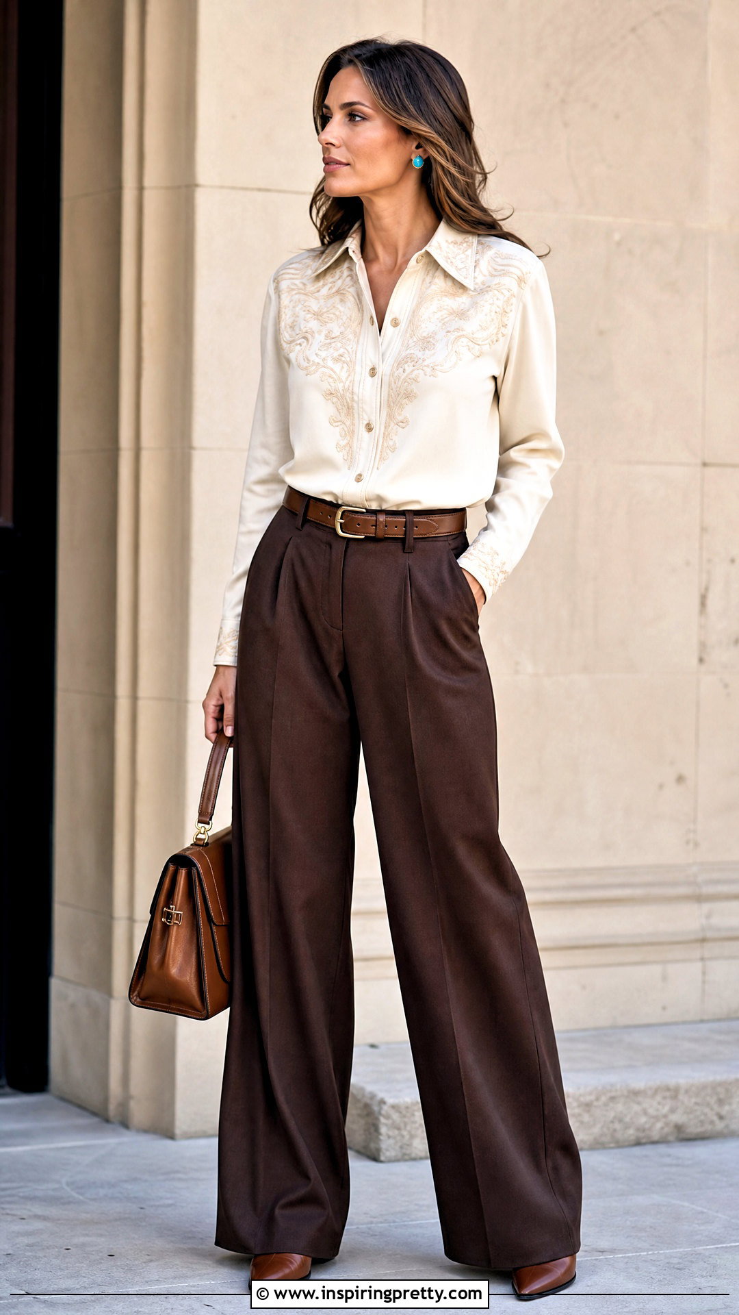 Cream Embroidered Western Top With Brown Trousers - 50 western tops outfit ideas