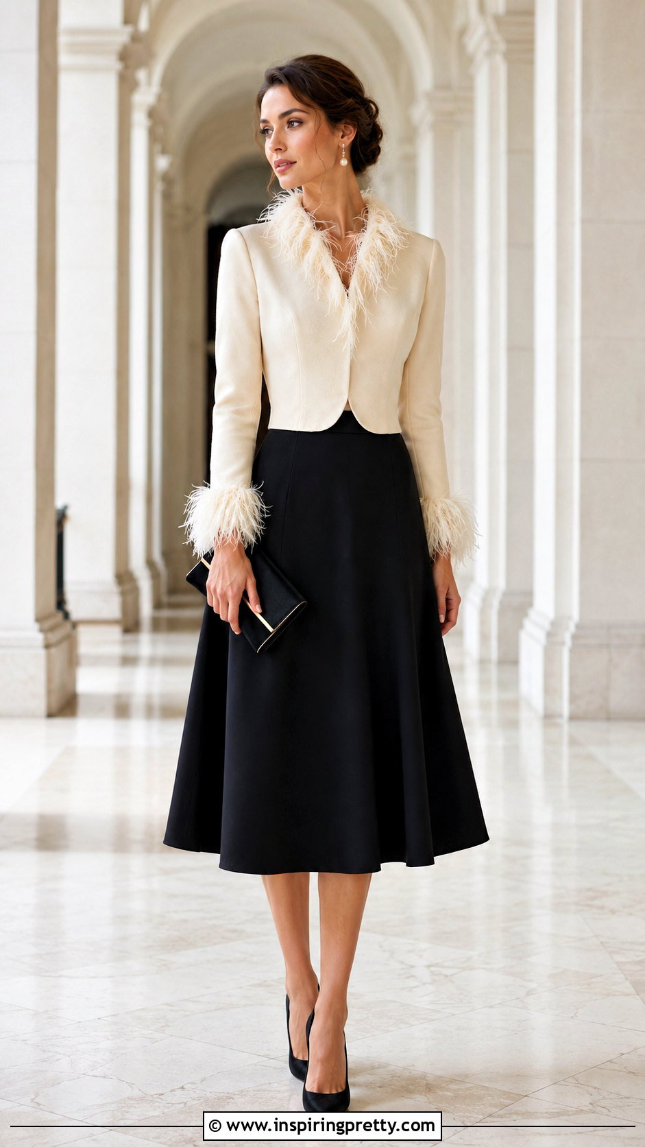 Cream Feather Top With Black Midi Skirt - 20 Cream Feather Top outfit ideas