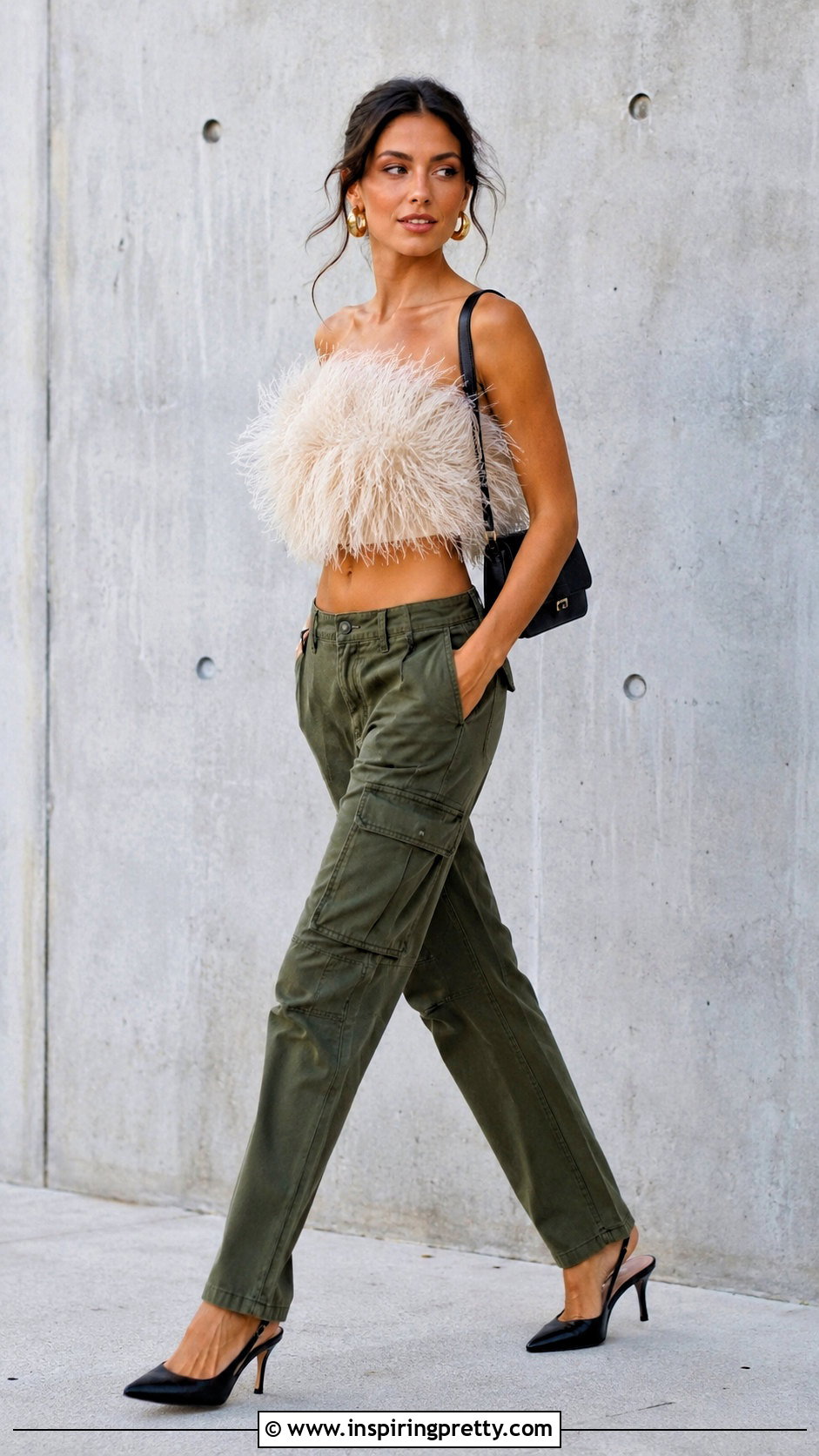 Cream Feather Top With Cargo Pants - 20 Cream Feather Top outfit ideas