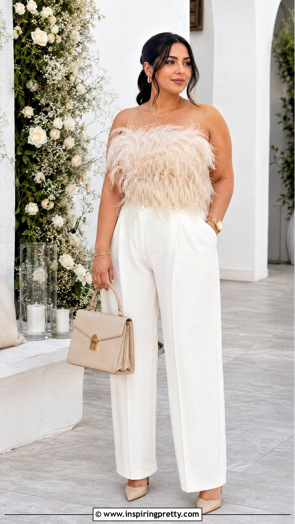 Cream Feather Top With White Tailored Pants - 20 Cream Feather Top outfit ideas