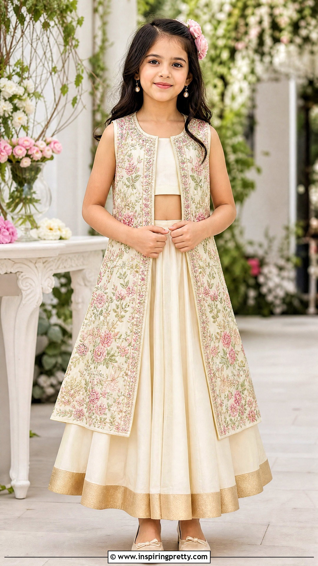 Cream Floral Jacket Kids Crop Top Lehenga - 50 kids crop top lehenga designs
