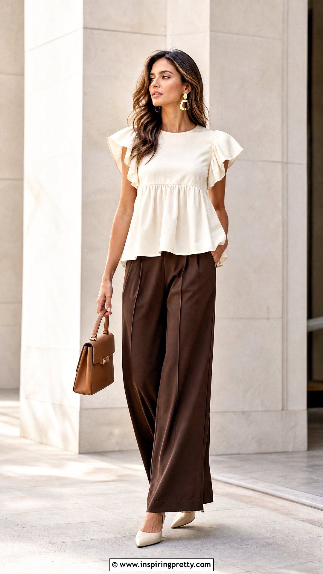 Cream Flutter Sleeve Babydoll Top With Wide Leg Pants - 25 easy flutter sleeve babydoll top outfit ideas