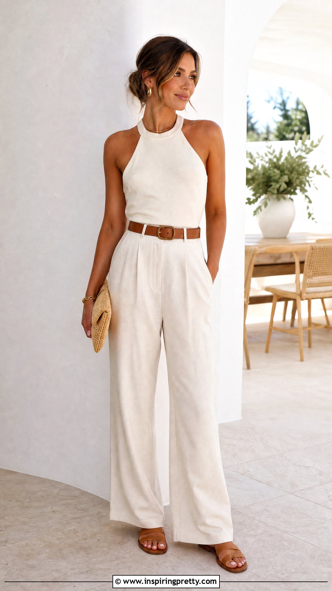 Cream Halter Tank Top With Matching Trousers - 50 halter tank top outfit ideas