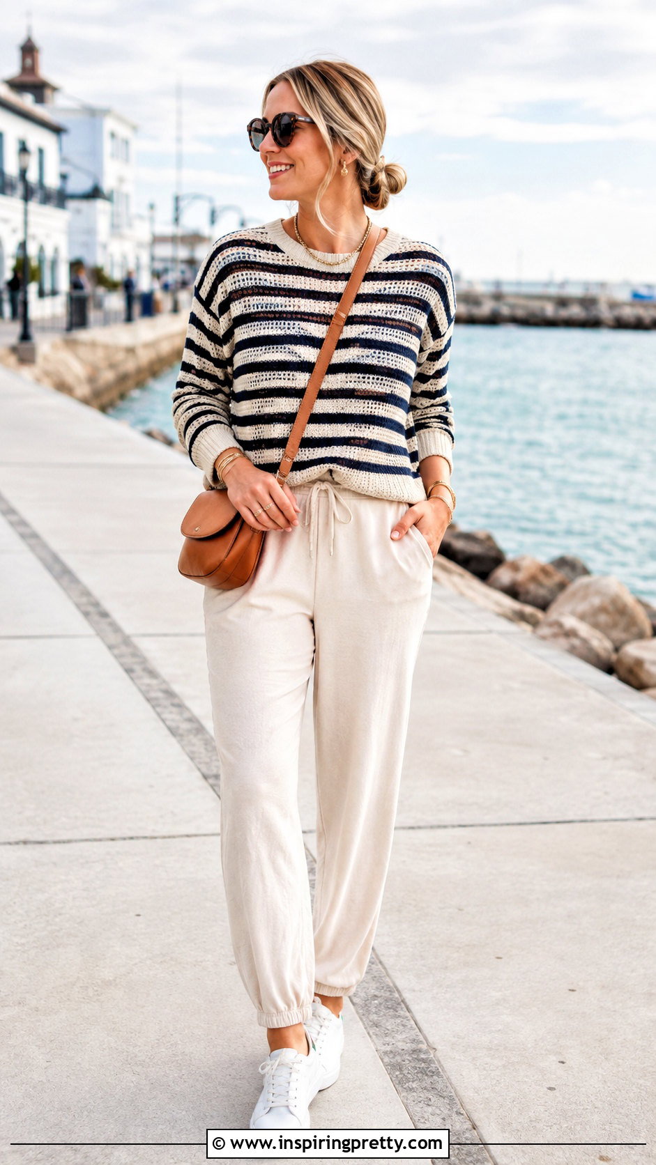 Cream Joggers With Striped Knit Top - 25 joggers and a nice top outfit ideas