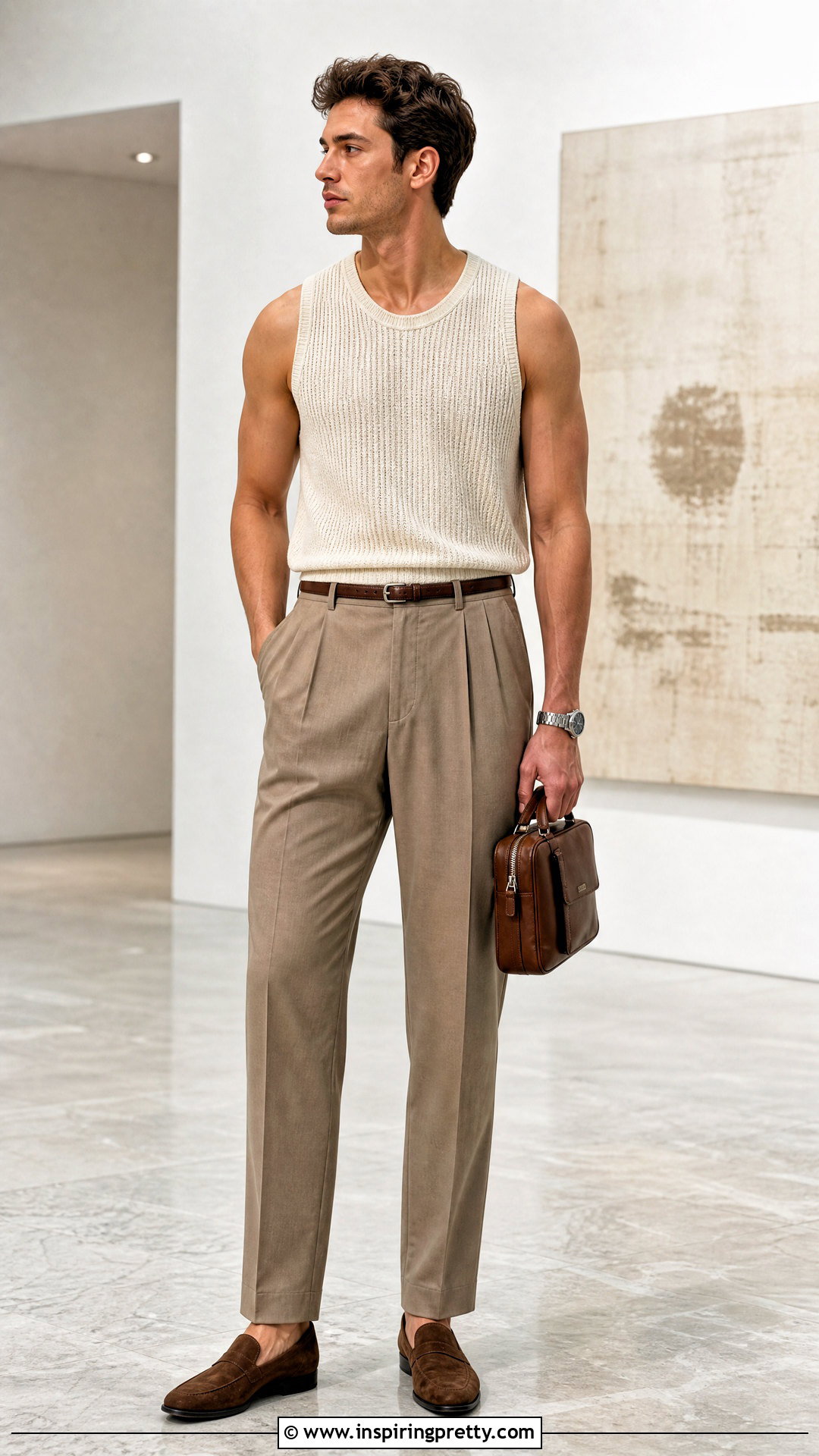 Cream Knit Tank Top With Pleated Trousers - 25 tank top guys aesthetic ideas