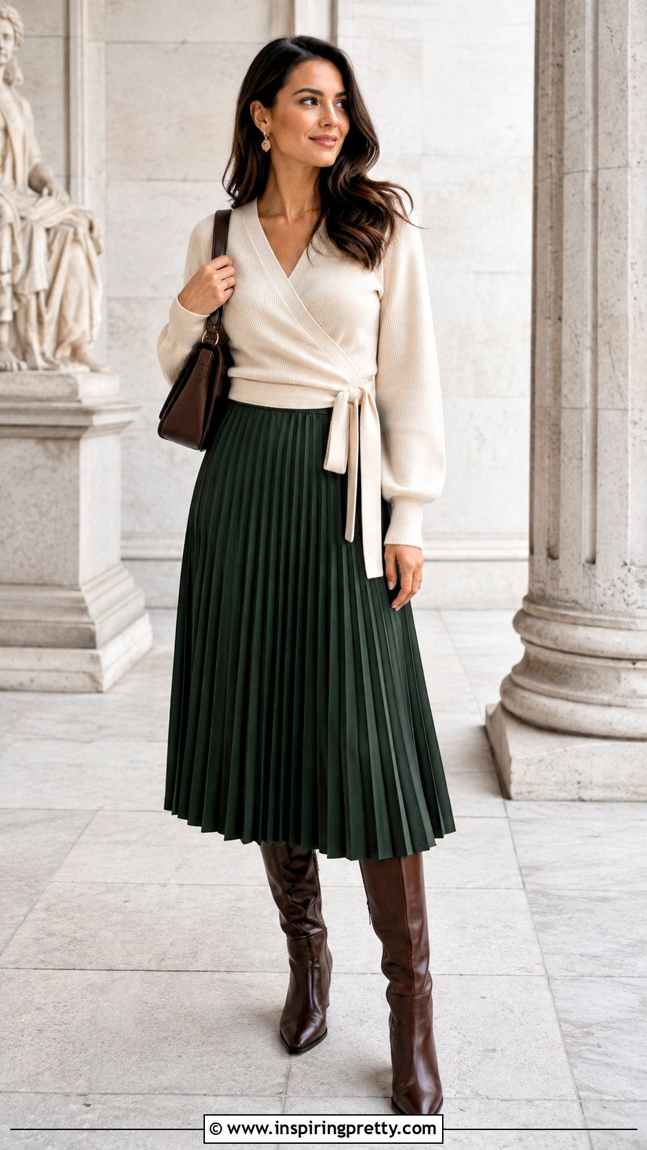 Cream Knit Wrap Top With Pleated Midi Skirt - 50 wrap top outfit classy ideas
