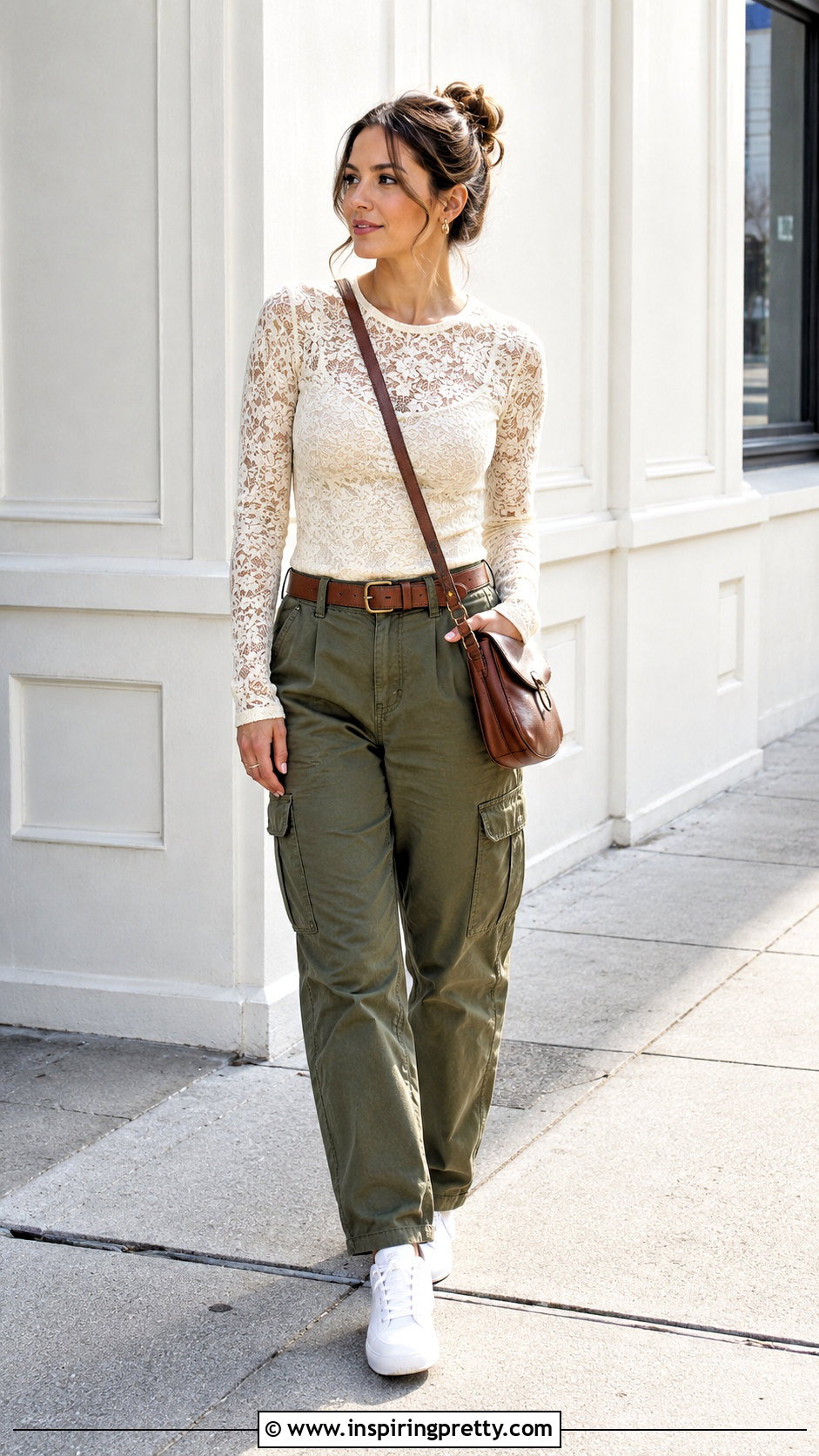 Cream Lace Long Sleeve Top With Cargo Pants - 50 lace long sleeve top outfit ideas