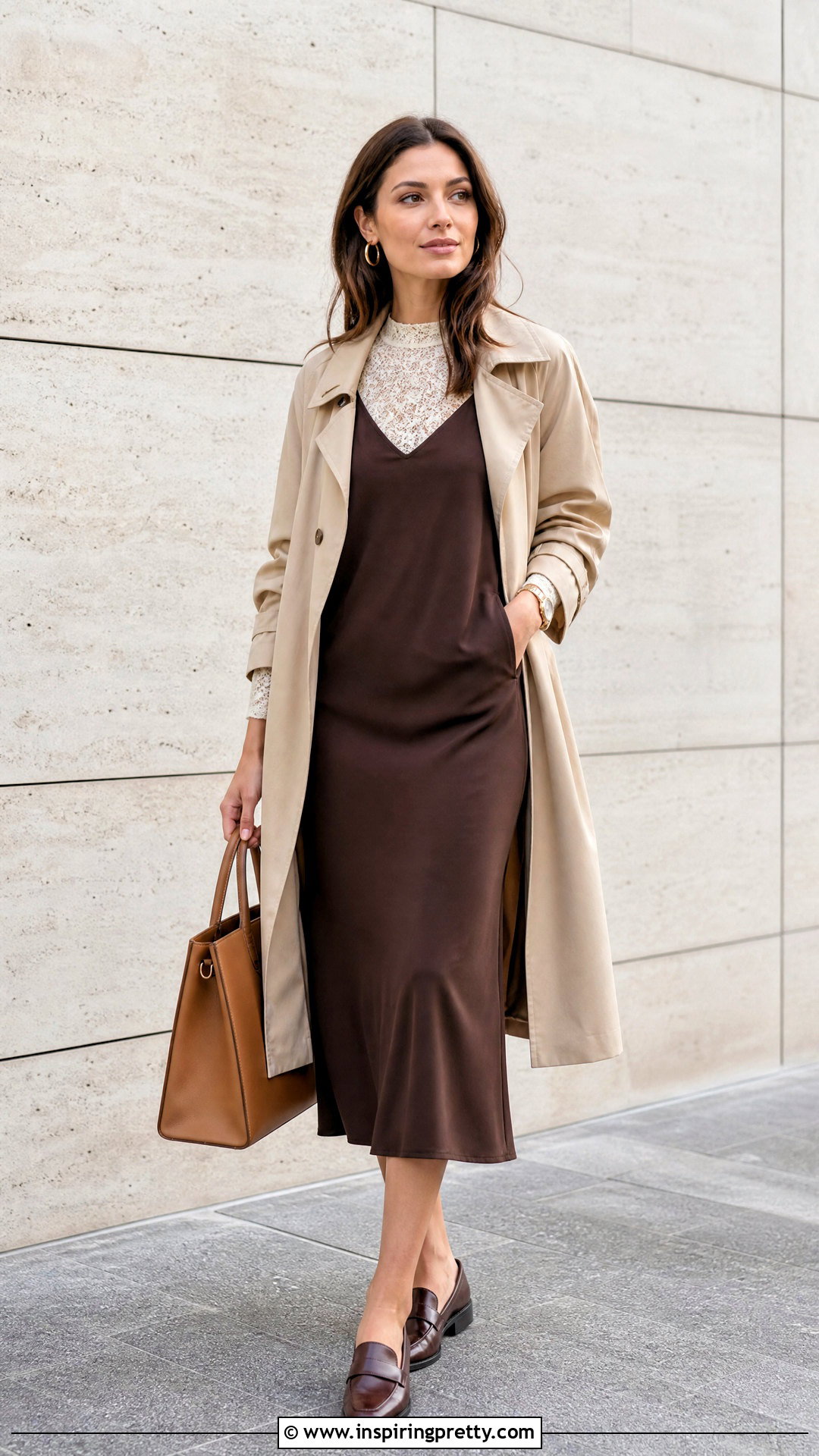 Cream Lace Top Under Brown Slip Dress With Loafers - 25 Lace Top Under Slip Dress outfit ideas