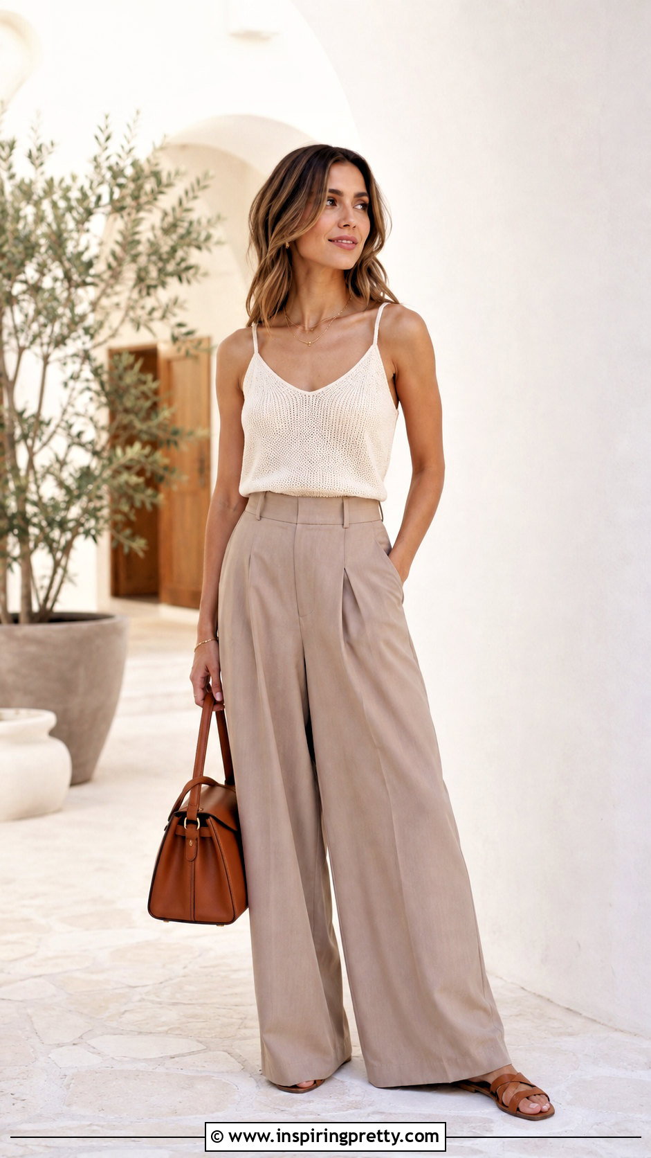 Cream Mesh Camisole Top With Neutral Trousers - 25 Mesh Camisole Top outfit ideas