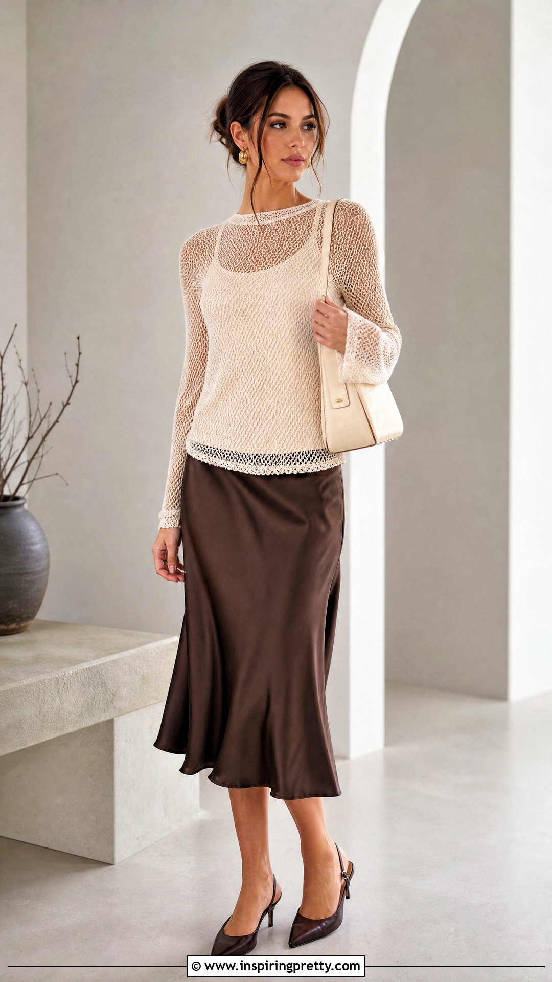 Cream Mesh Top With Chocolate Satin Skirt - 50 mesh top outfit classy ideas