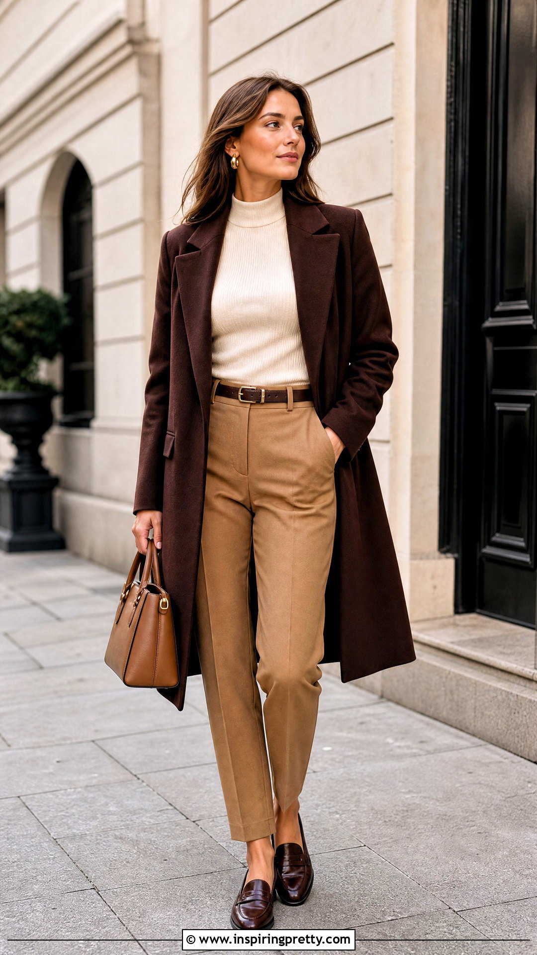 Cream Mock Neck Top With Camel Pants - 50 mock neck top outfit ideas