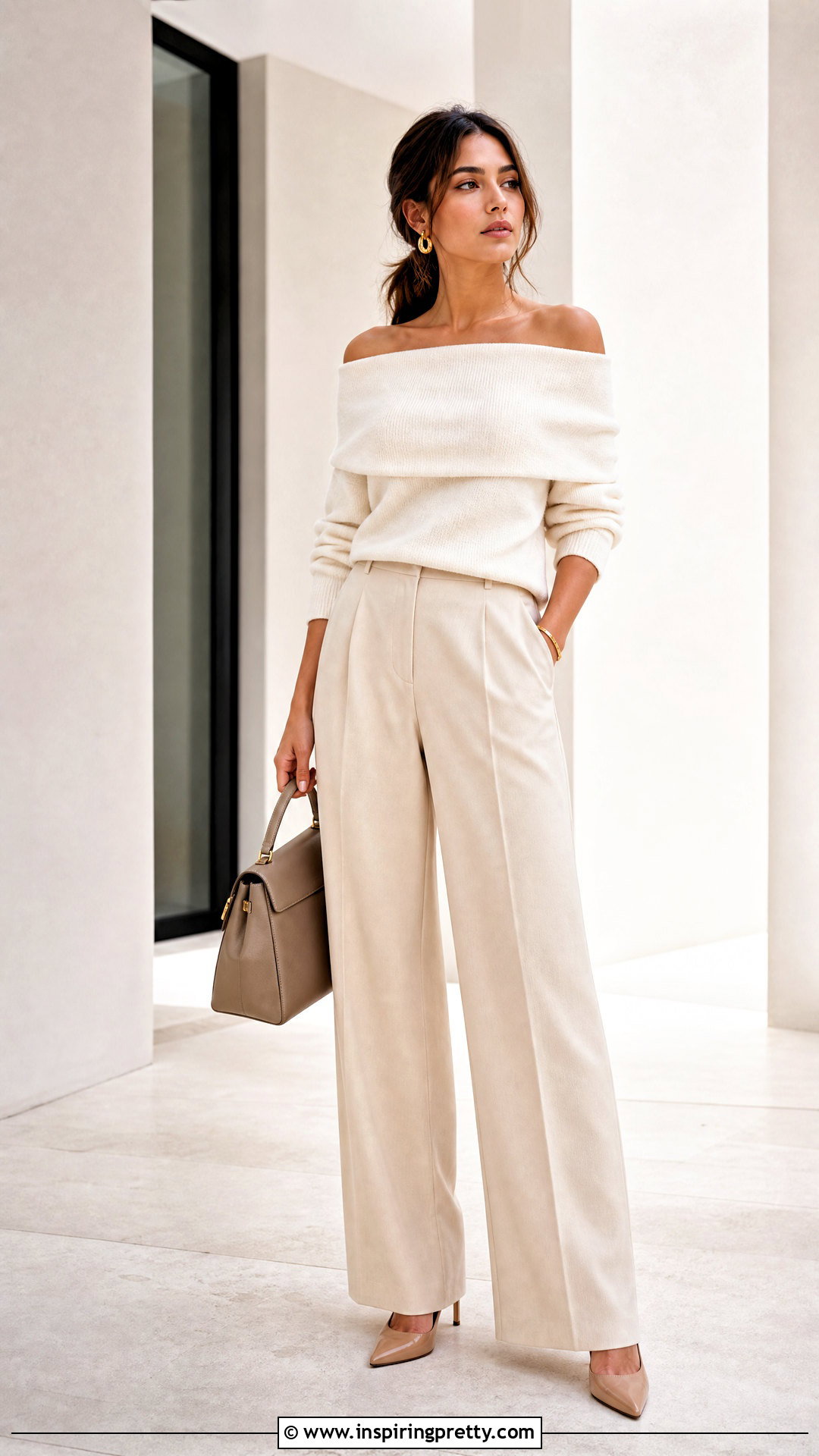Cream Off Shoulder Top With Cream Trousers - 50 off shoulder top outfit classy ideas