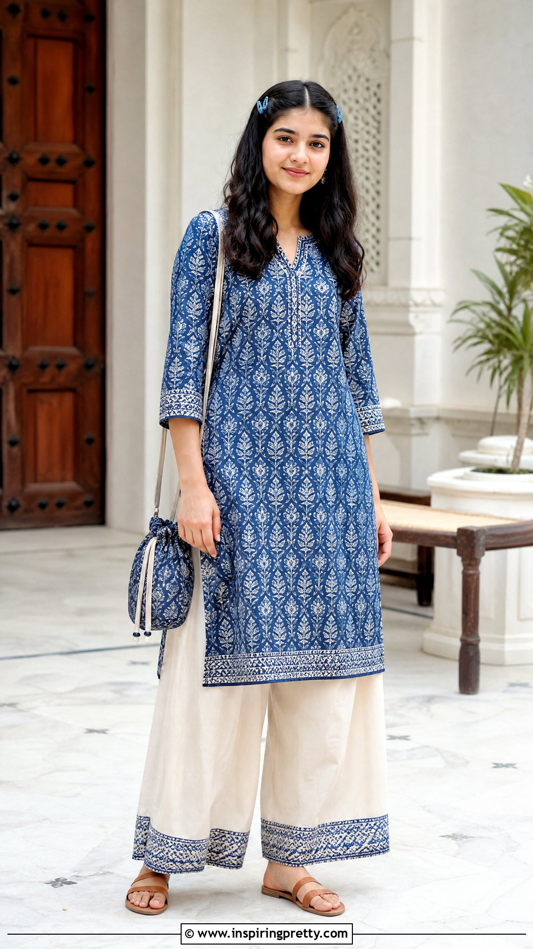 Cream Palazzo With Block Print Kurti - 50 kids plazo with tops