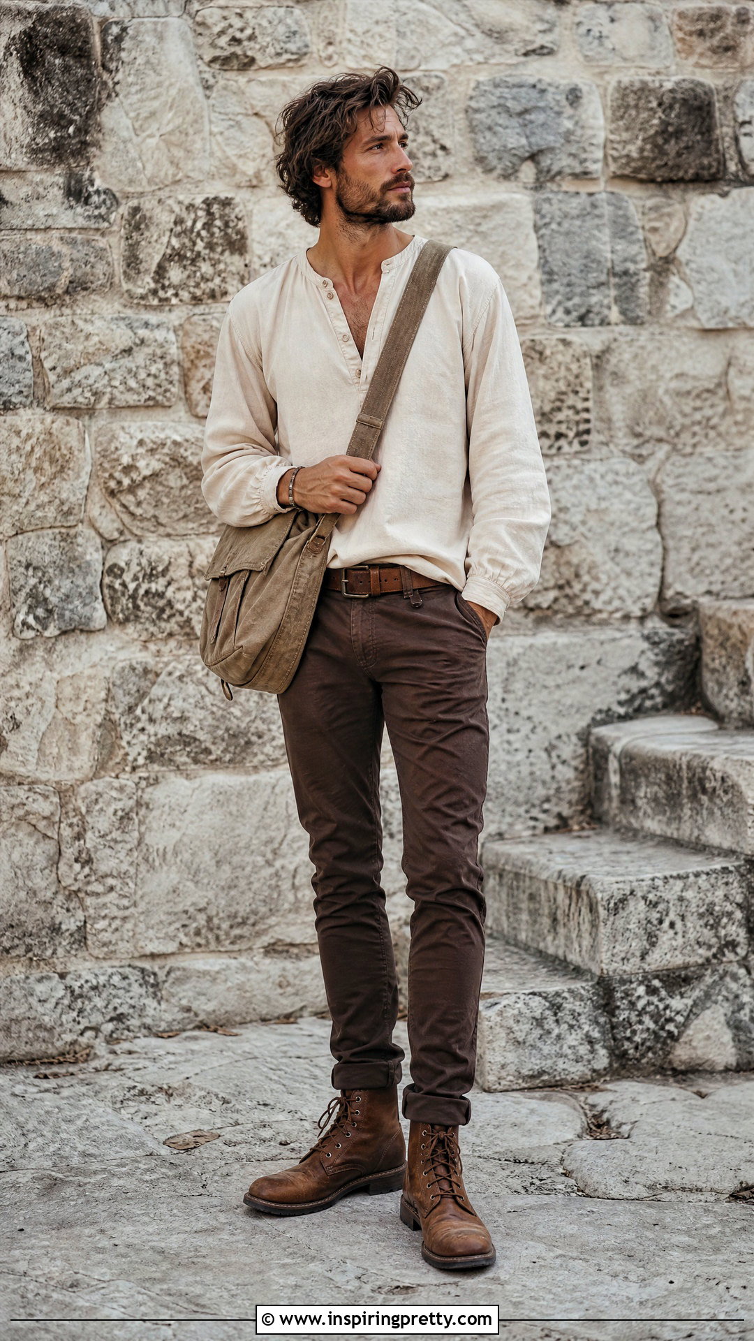 Cream Peasant Top Men Outfit With Brown Pants - 25 Peasant Top Men outfit ideas