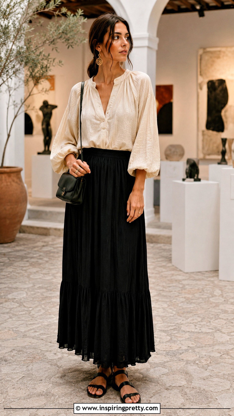 Cream Peasant Top With Black Maxi Skirt - 20 Cream Peasant Top outfit ideas