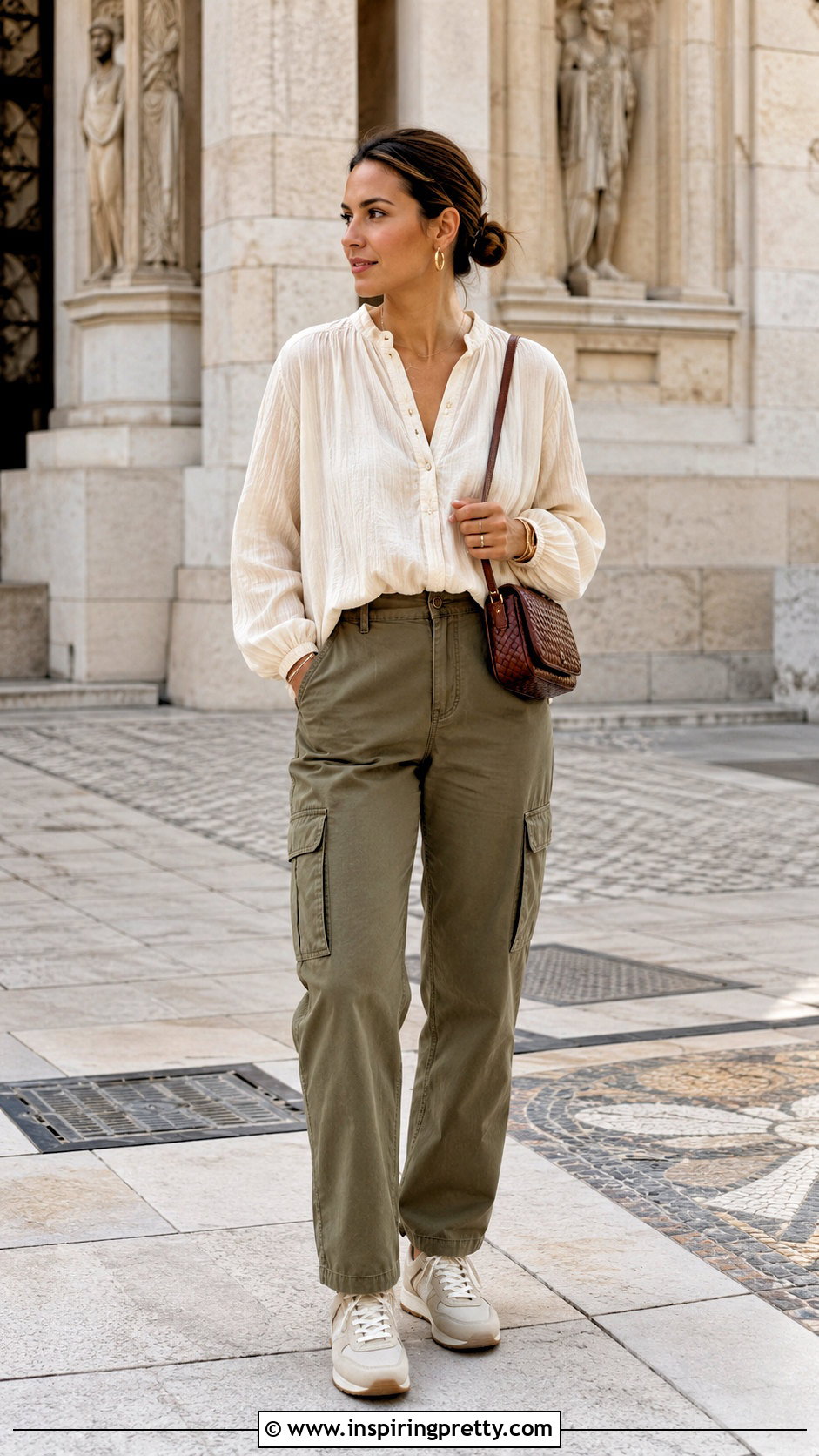 Cream Peasant Top With Olive Cargo Pants - 20 Cream Peasant Top outfit ideas