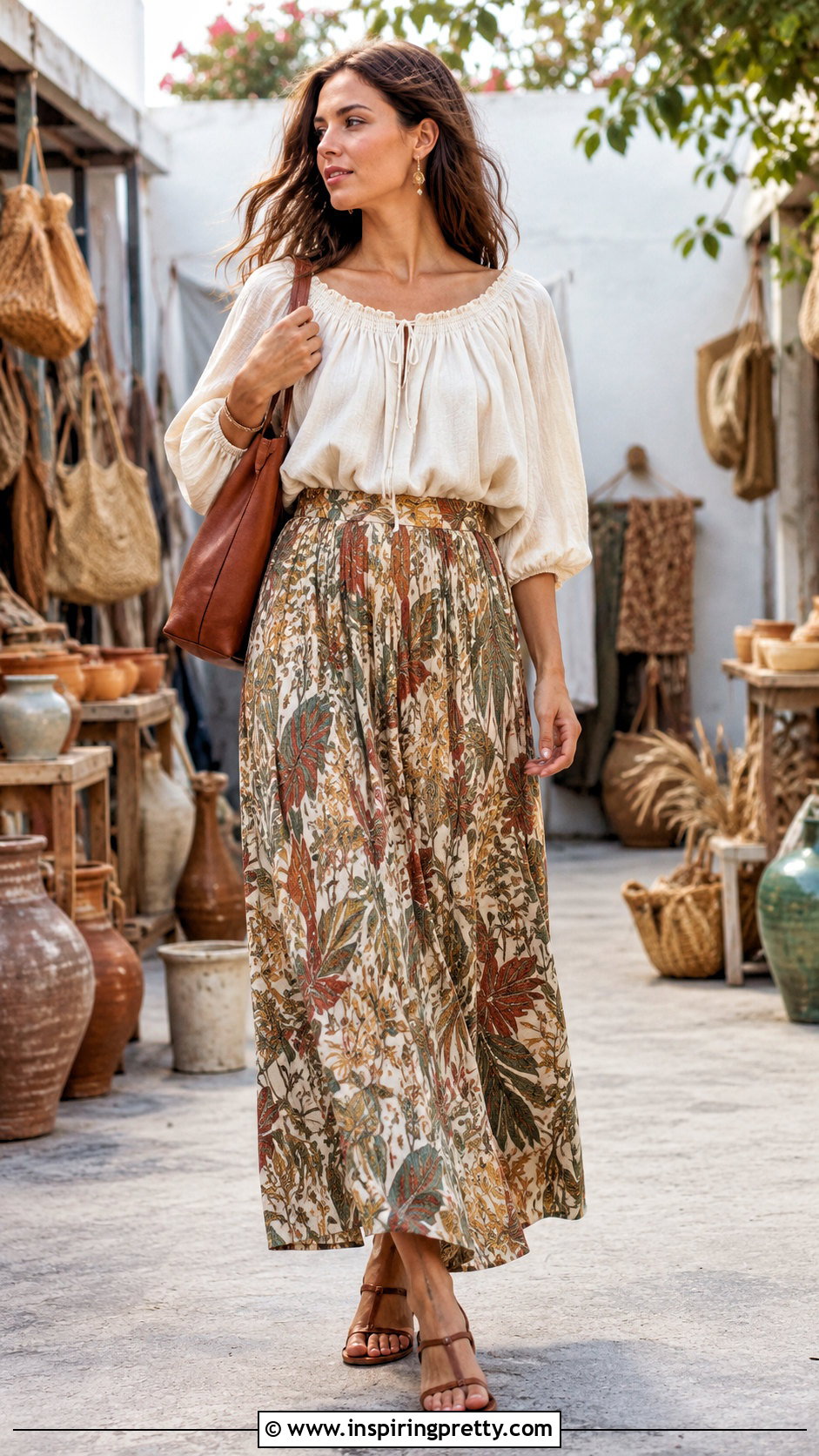 Cream Peasant Top With Printed Maxi Skirt - 20 Cream Peasant Top outfit ideas