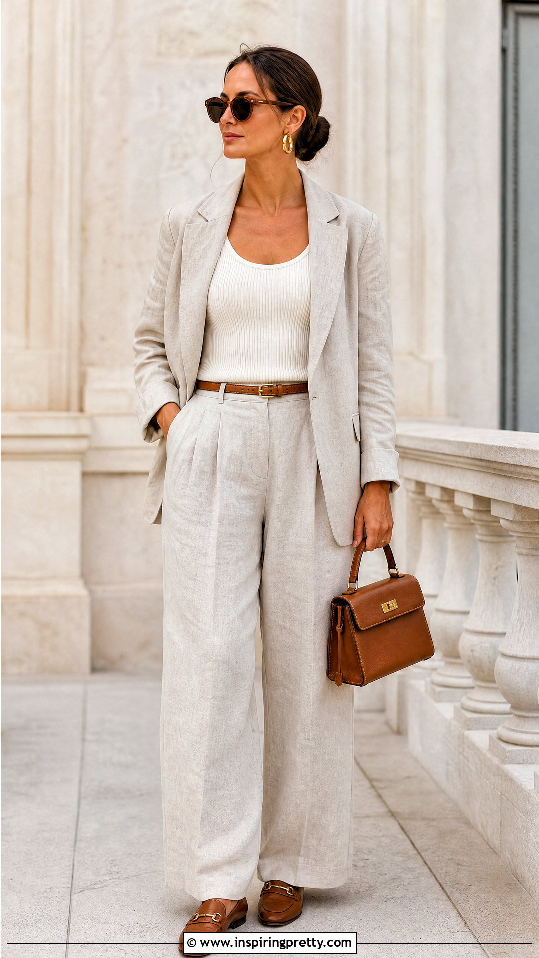 Cream Ribbed Tank Top With Linen Suit - 25 cream ribbed tank top outfit ideas