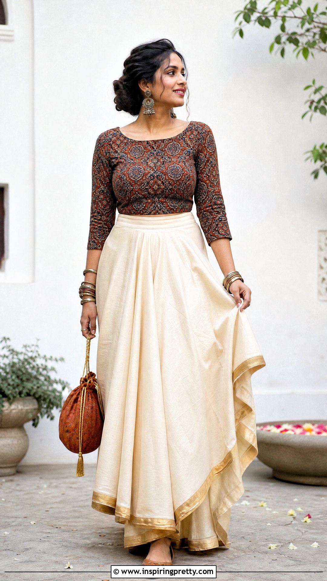 Cream Skirt And Ajrakh Print Top - 50 onam skirt and top designs