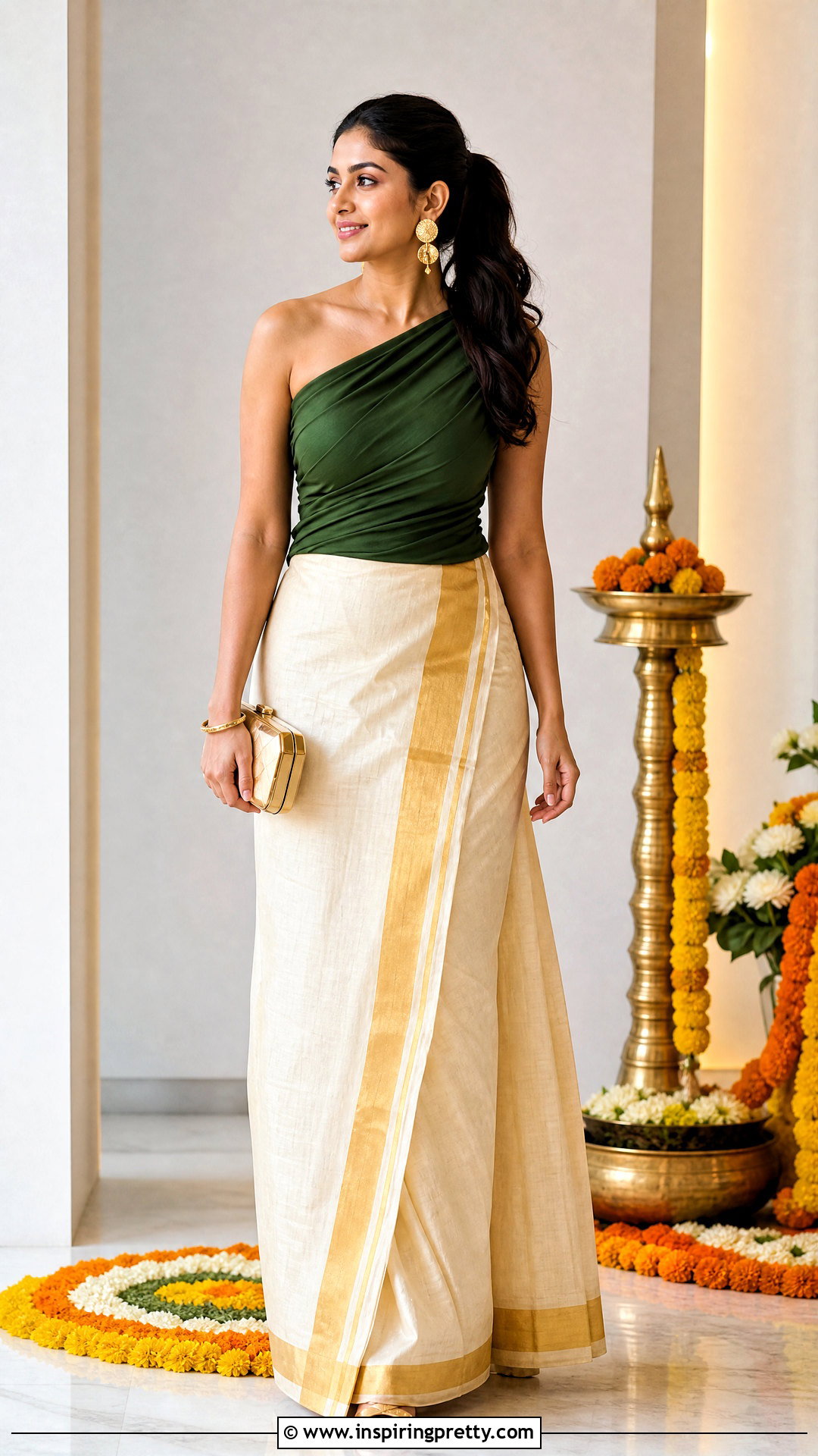 Cream Skirt And One Shoulder Top - 50 onam skirt and top designs