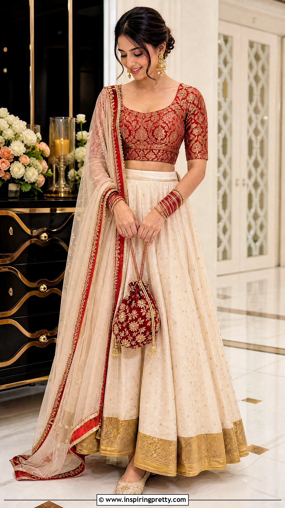 Cream Skirt And Red Brocade Blouse Outfit - 50 traditional skirt and top outfit ideas
