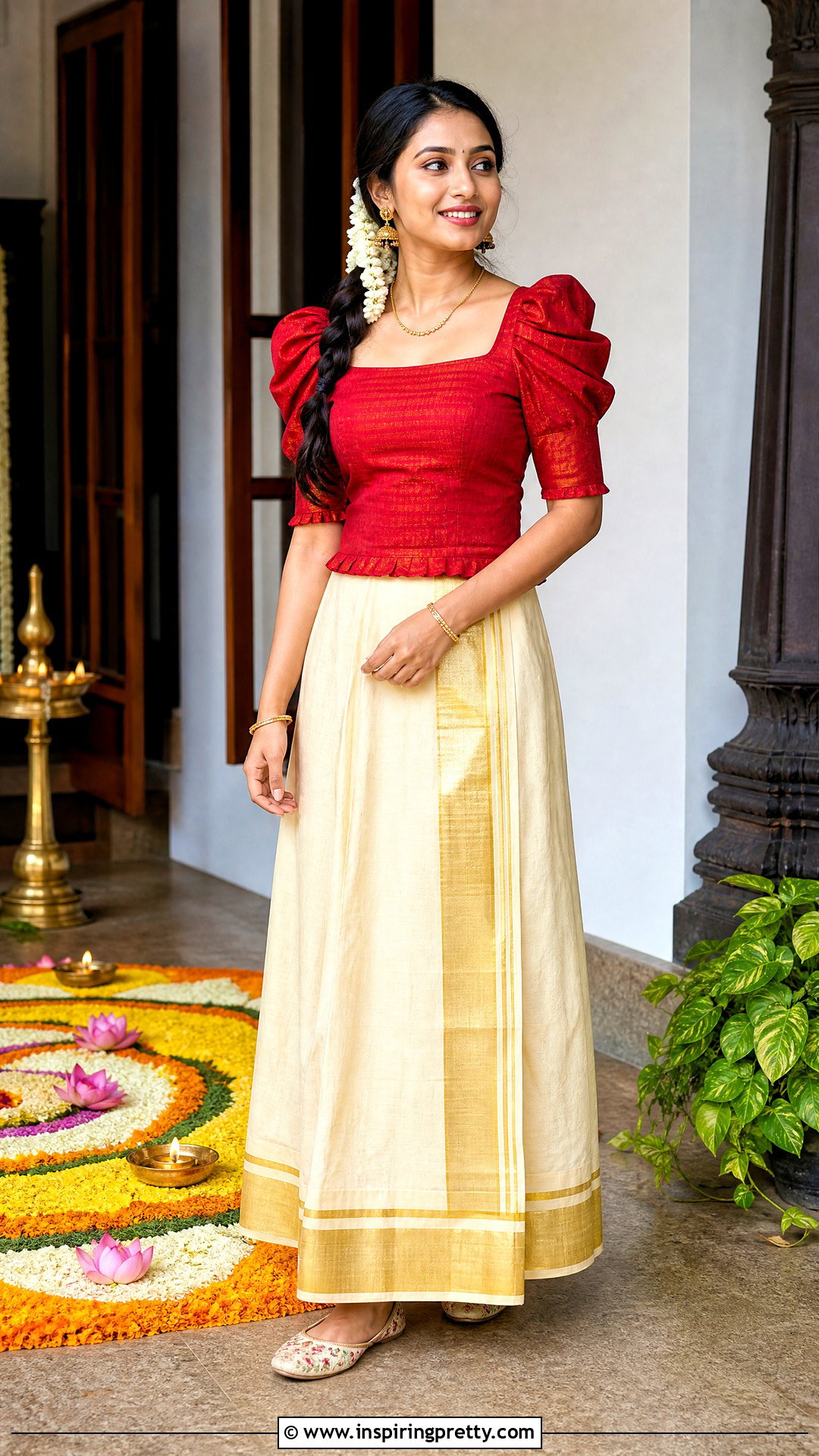 Cream Skirt And Red Puff Sleeve Top - 50 onam skirt and top designs
