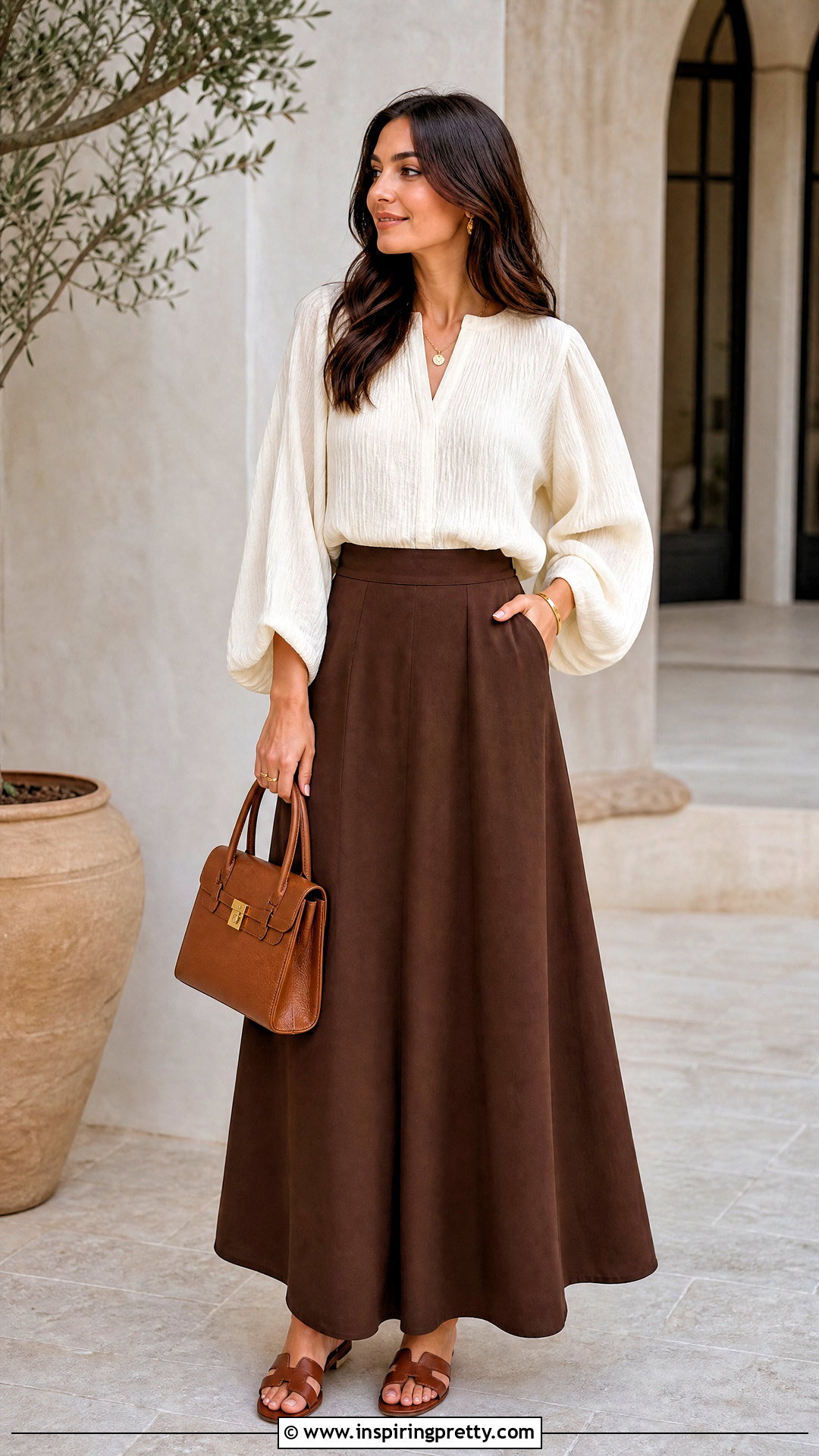 Cream Top With Chocolate Brown Maxi Skirt - 50 modest summer tops outfit ideas