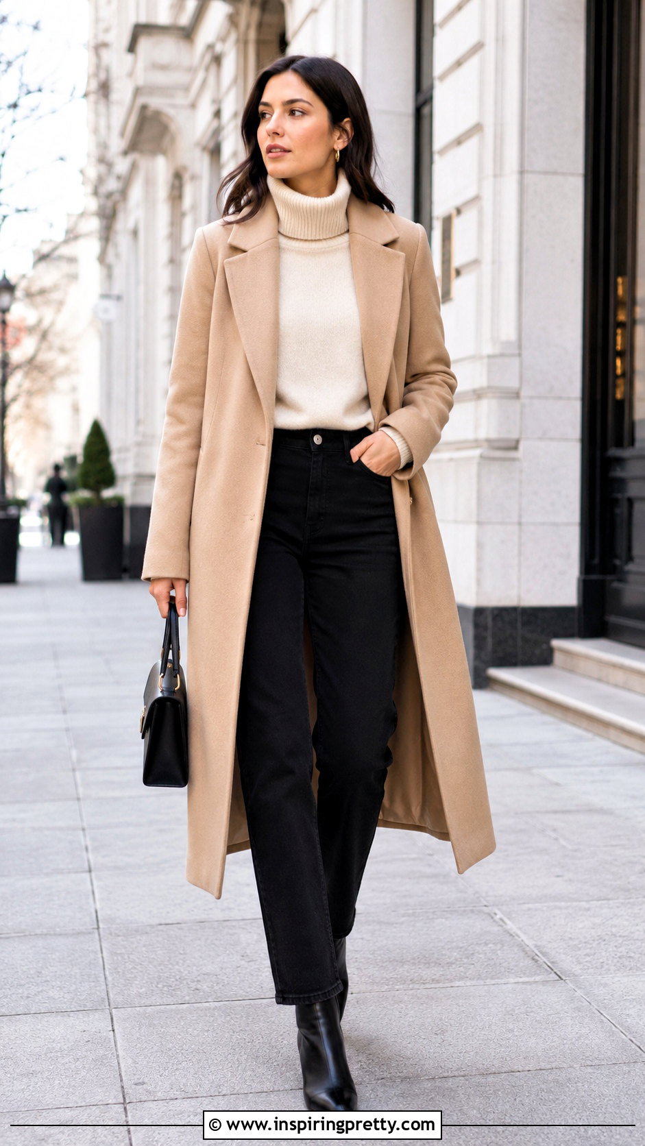 Cream Top With Long Coat And Black Jeans - 50 cream top outfit ideas
