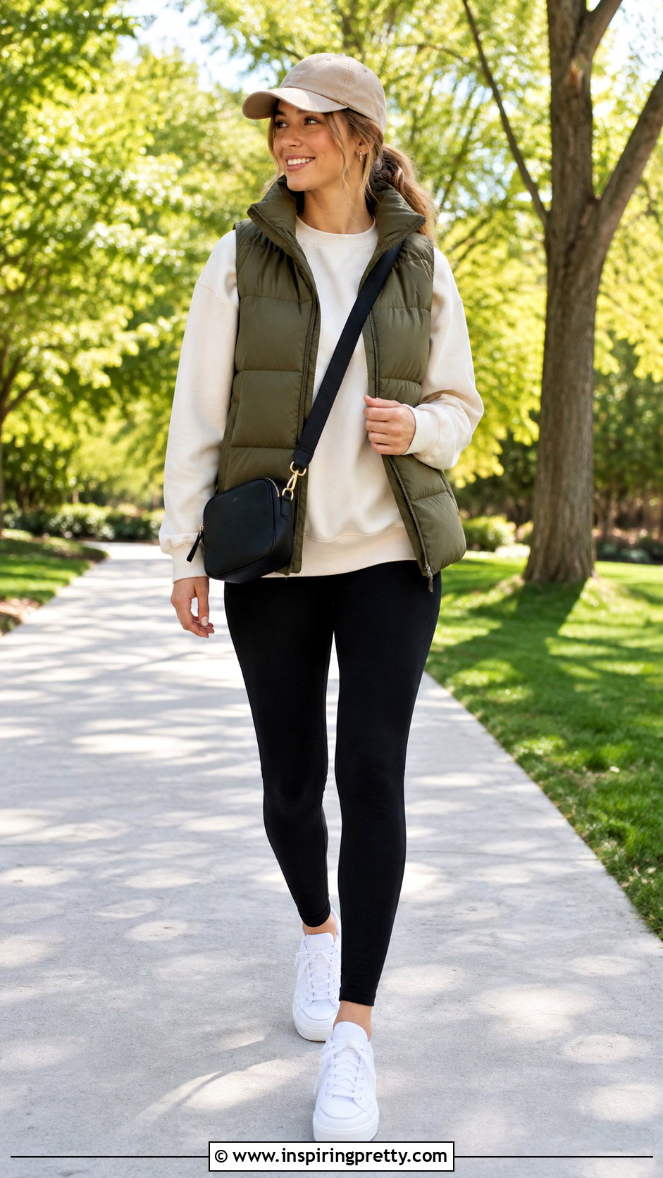 Cream Top With Puffer Vest And Leggings - 50 cream top outfit ideas
