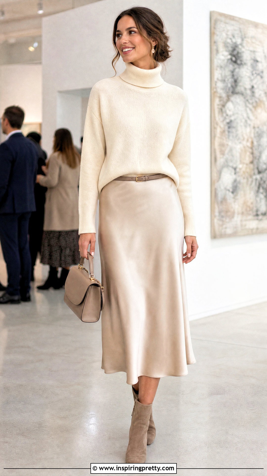 Cream Turtleneck Top With Satin Midi Skirt - 50 Turtle Neck Top outfit ideas