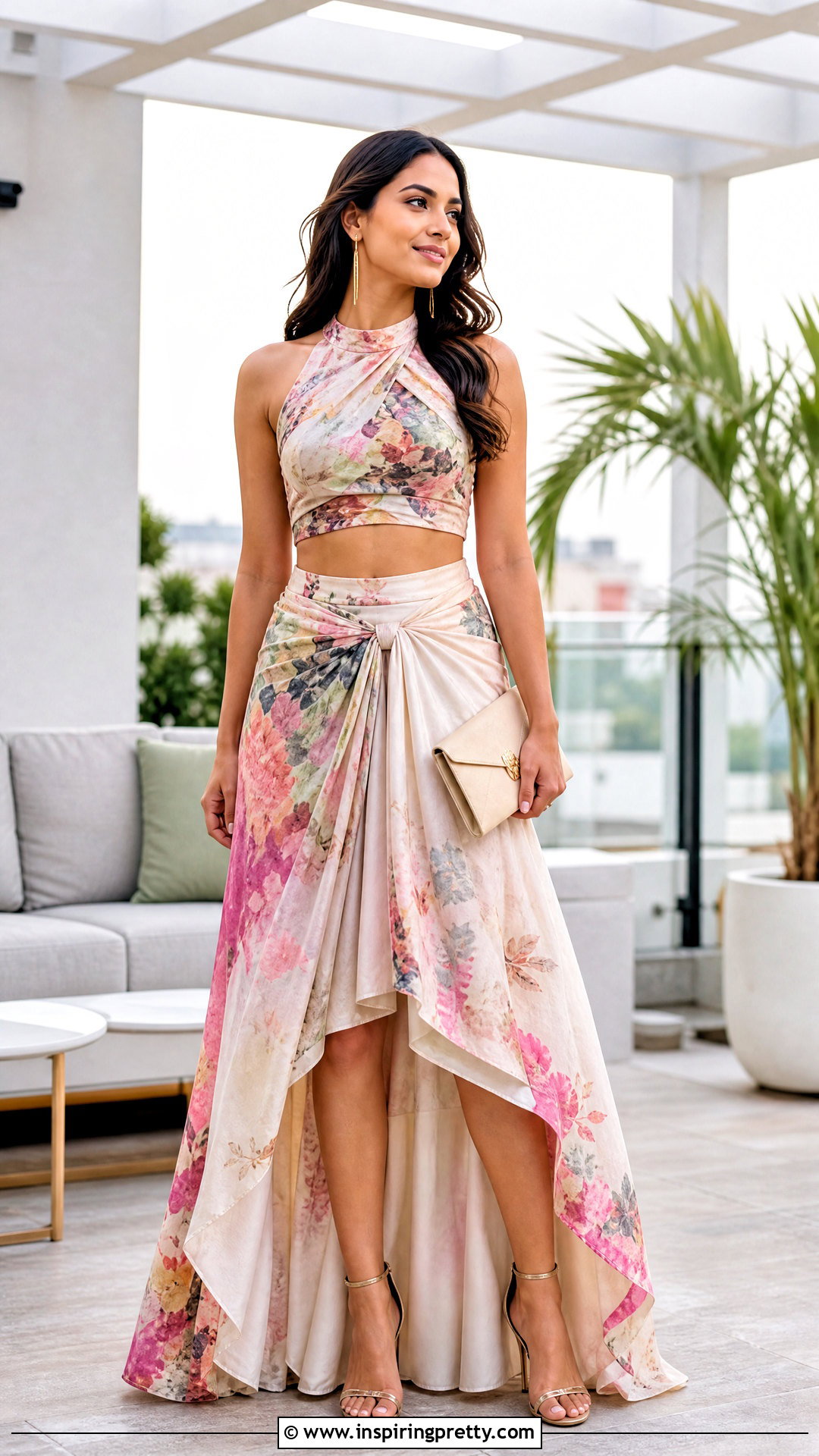 Crepe Saree Asymmetrical Skirt And Halter Crop Top - 25 skirt and crop top from old saree ideas
