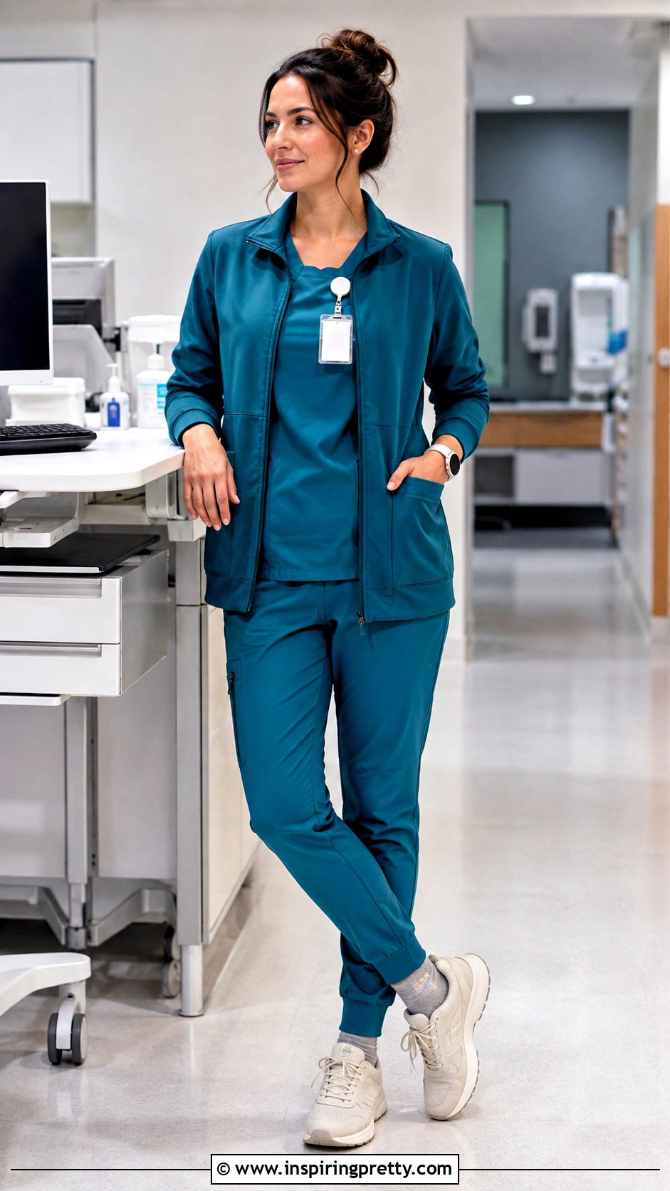 Crew Neck Nurse Scrub Top With Matching Scrub Jacket - 25 nurses uniform tops outfit ideas