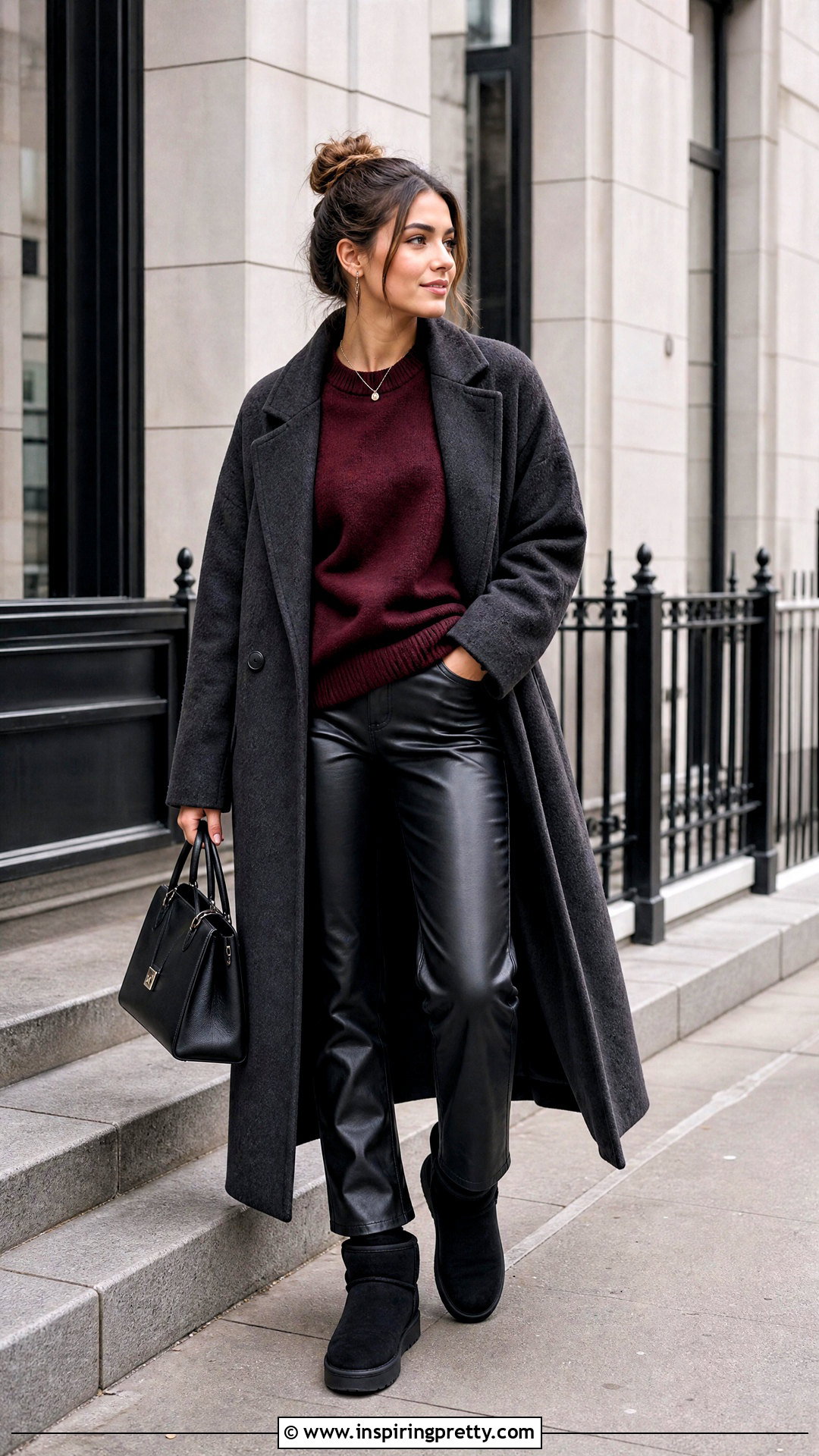 Crewneck Sweater With Leather Pants And UGG Boots - 20 ugg tops outfit ideas