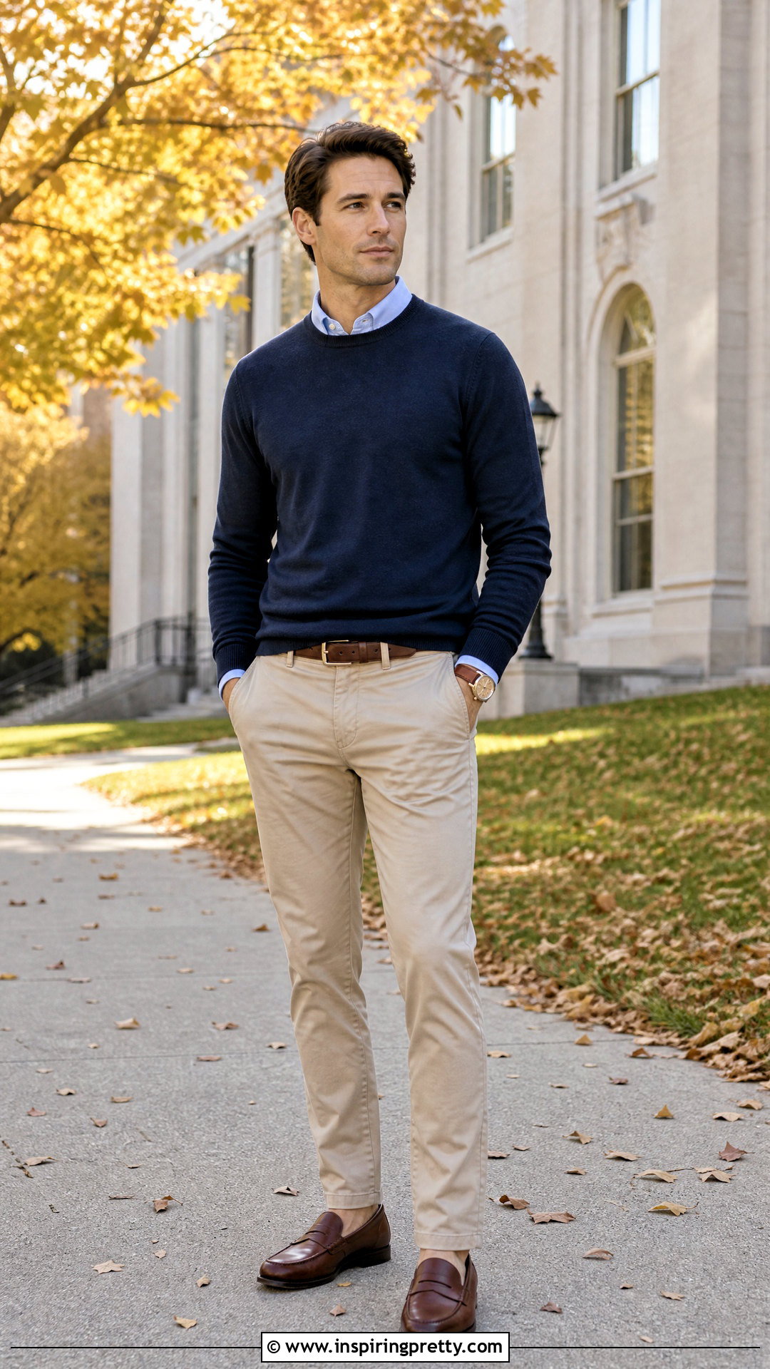 Crewneck Sweater With Oxford Shirt - 50 mens tops outfit ideas