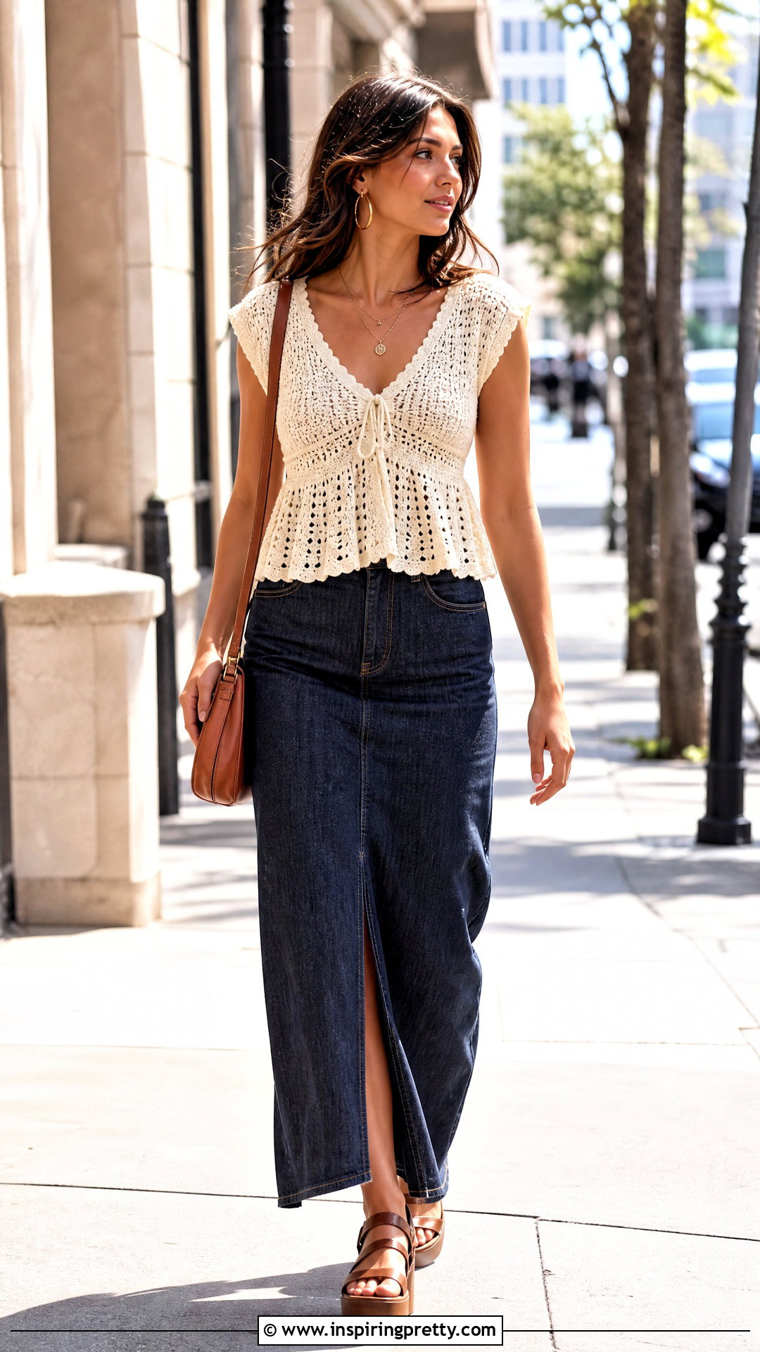 Crochet Babydoll Top With Denim Maxi Skirt - 50 crochet babydoll top outfit ideas