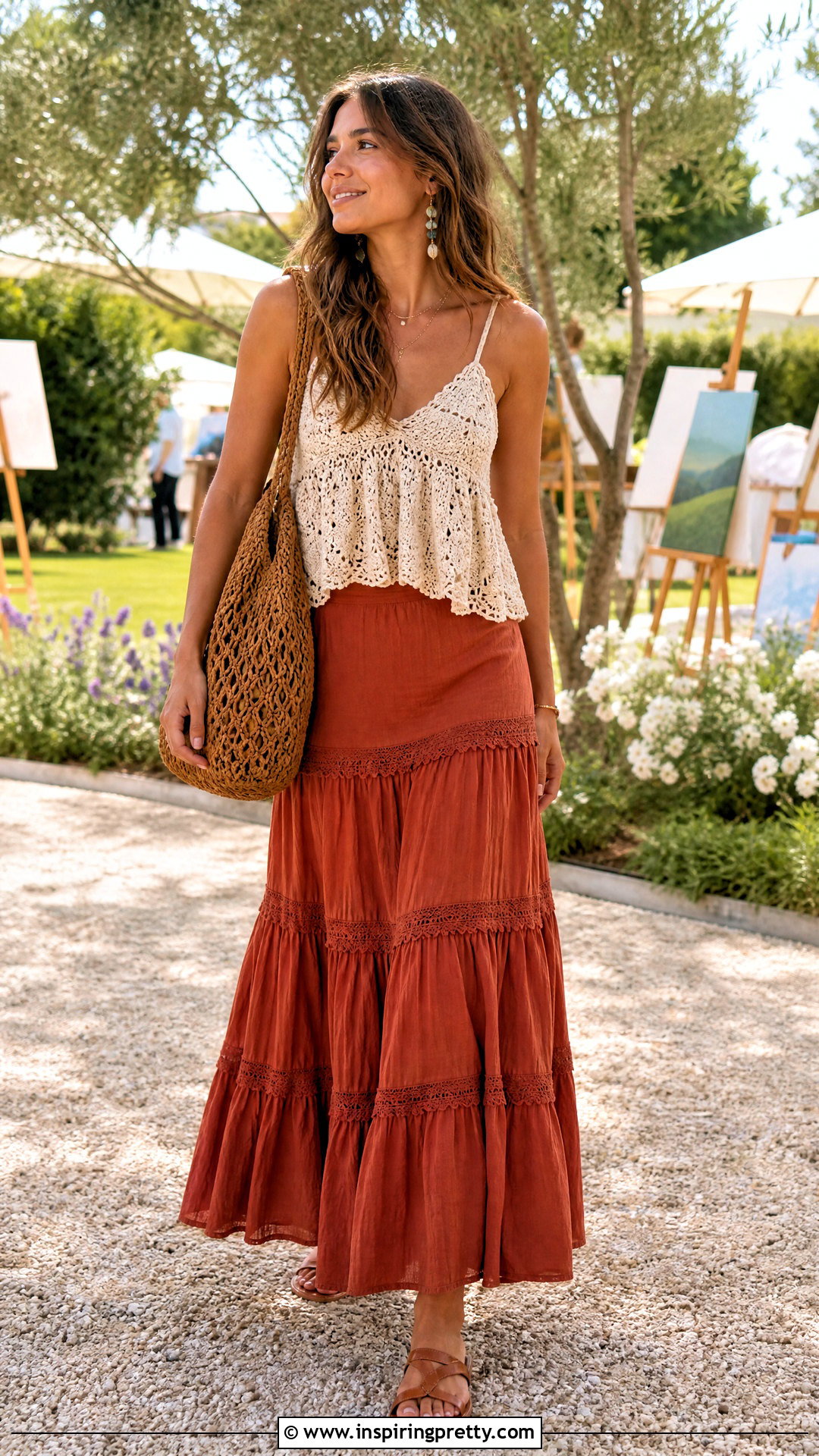 Crochet Babydoll Top With Tiered Maxi Skirt - 50 crochet babydoll top outfit ideas