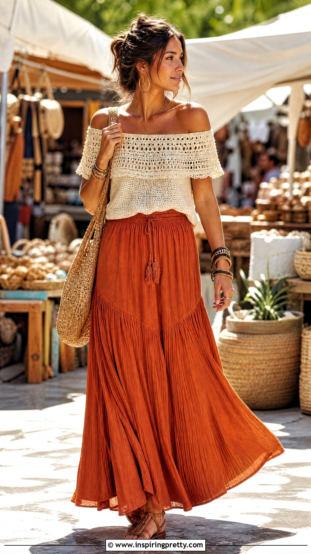 Crochet Bardot Top With Maxi Skirt - 50 bardot top outfit ideas