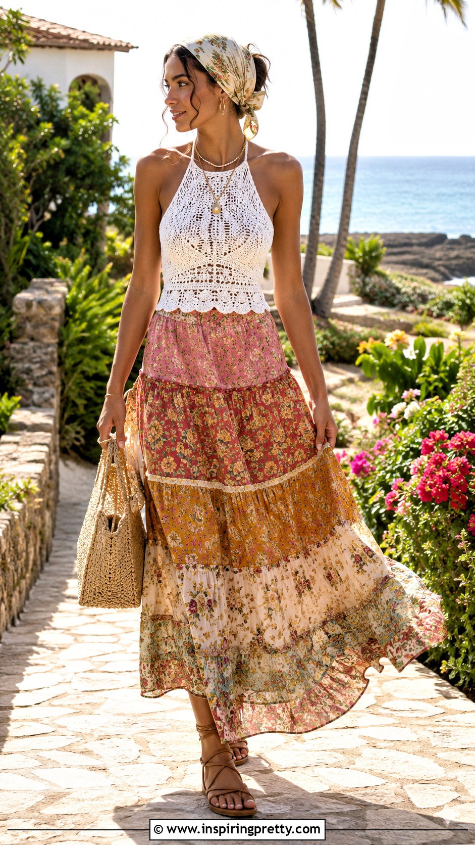 Crochet Beach Top With Tiered Maxi Skirt - 50 crochet beach top outfit ideas