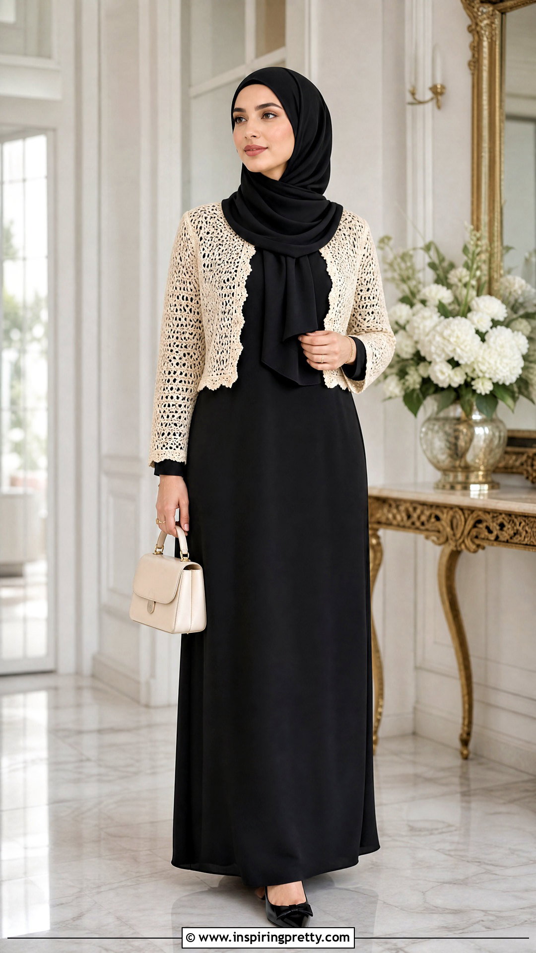 Crochet Bolero With A Column Maxi Dress - 25 crochet top hijabi outfit ideas