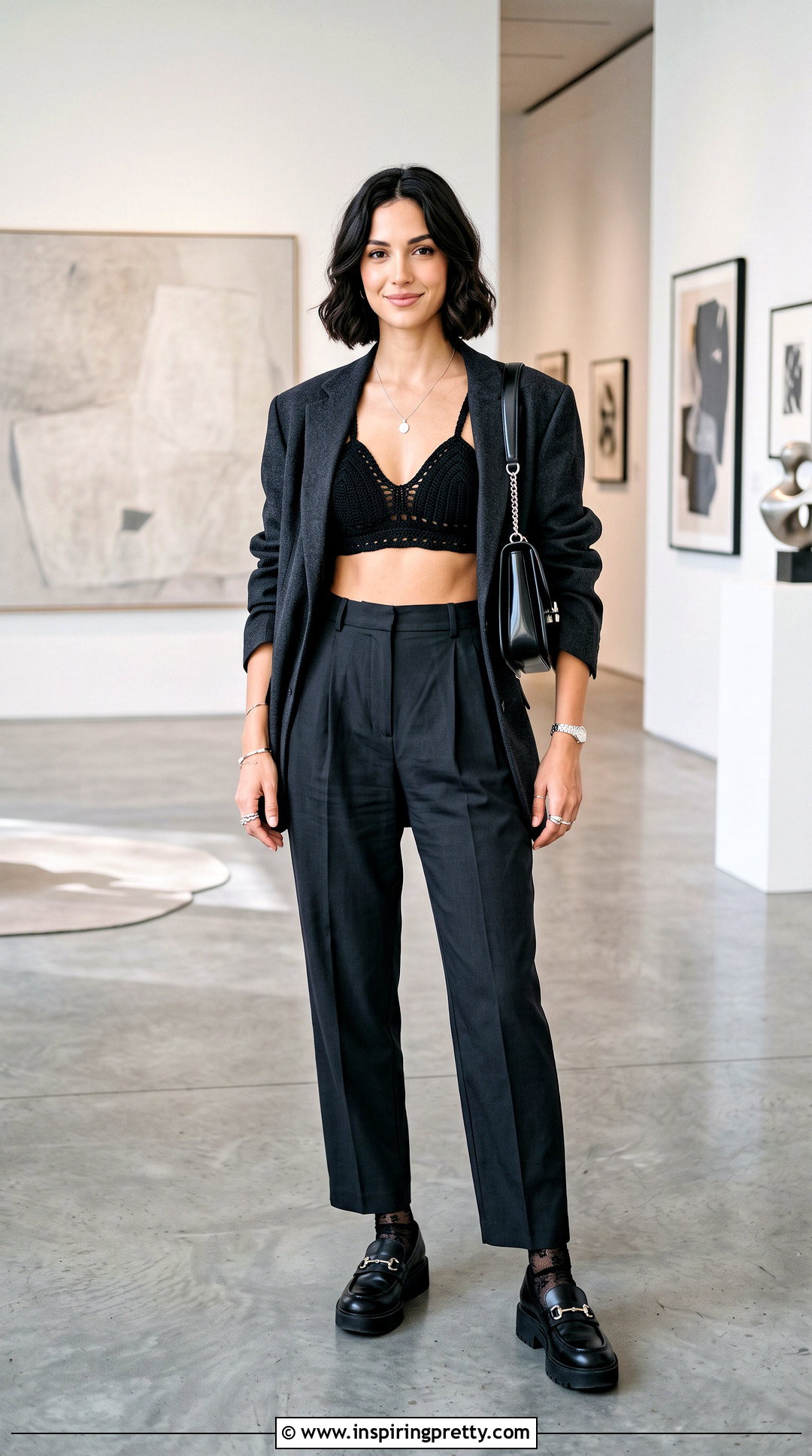 Crochet Bralette With Oversized Blazer - 50 goth crochet top outfit ideas