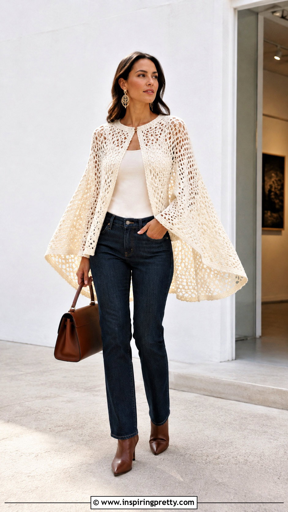 Crochet Cape Top With Slim Jeans - 50 crocheted tops outfit ideas