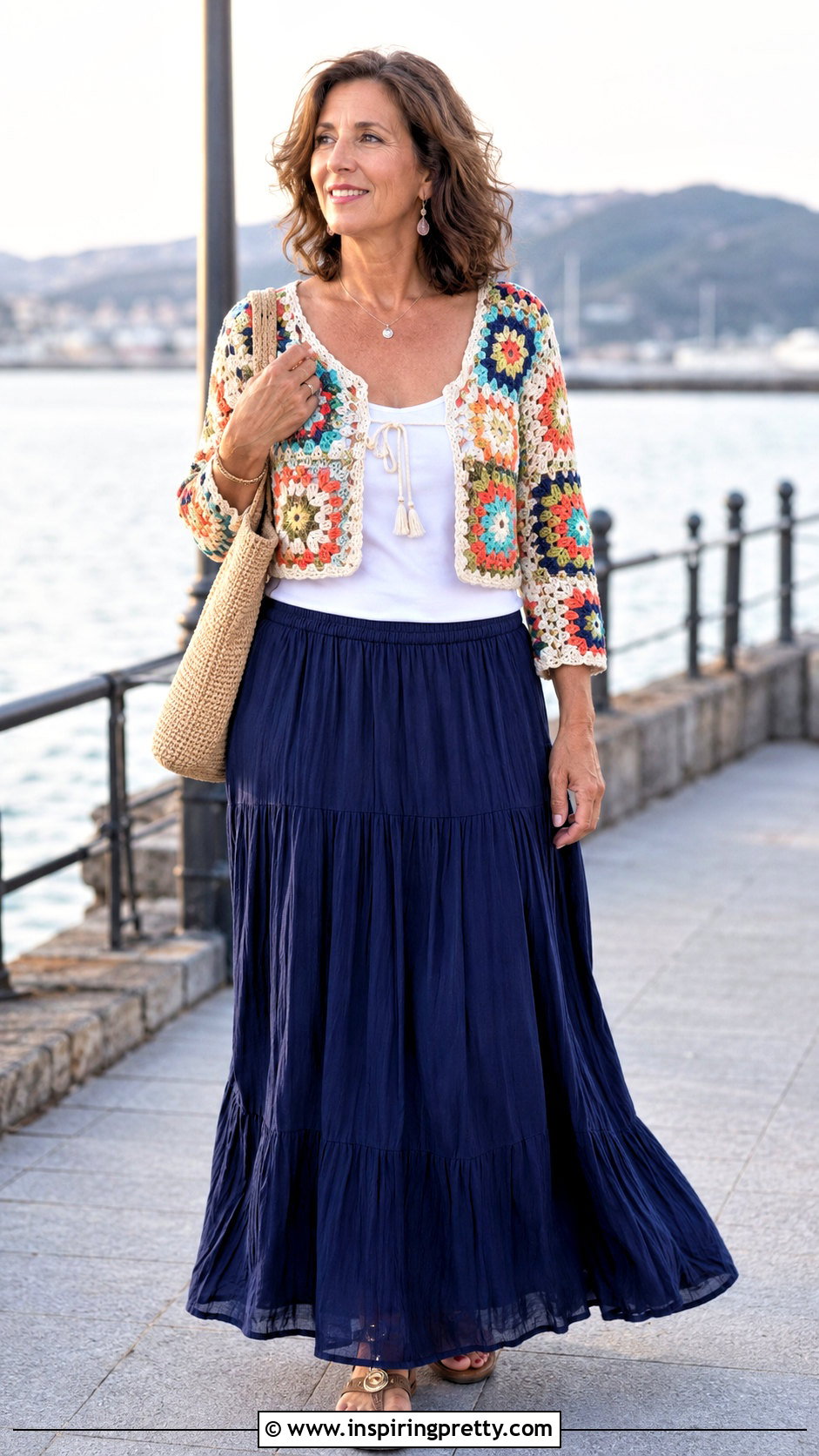 Crochet Cardigan With Camisole And Maxi Skirt - 50 summer crochet top outfit ideas