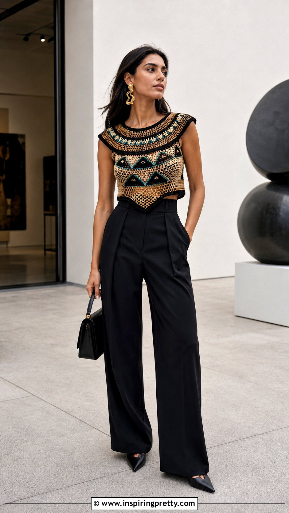 Crochet Cleopatra Top With Black Tailored Trousers - 20 Crochet Cleopatra Top outfit ideas
