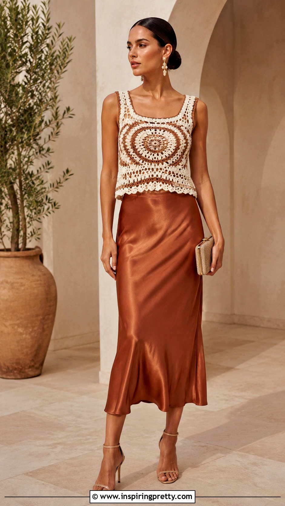 Crochet Cleopatra Top With Satin Midi Skirt - 20 Crochet Cleopatra Top outfit ideas
