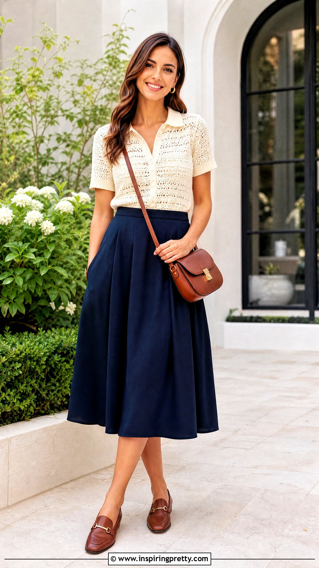 Crochet Collared Top With A Line Skirt - 25 different types of crochet tops outfit ideas