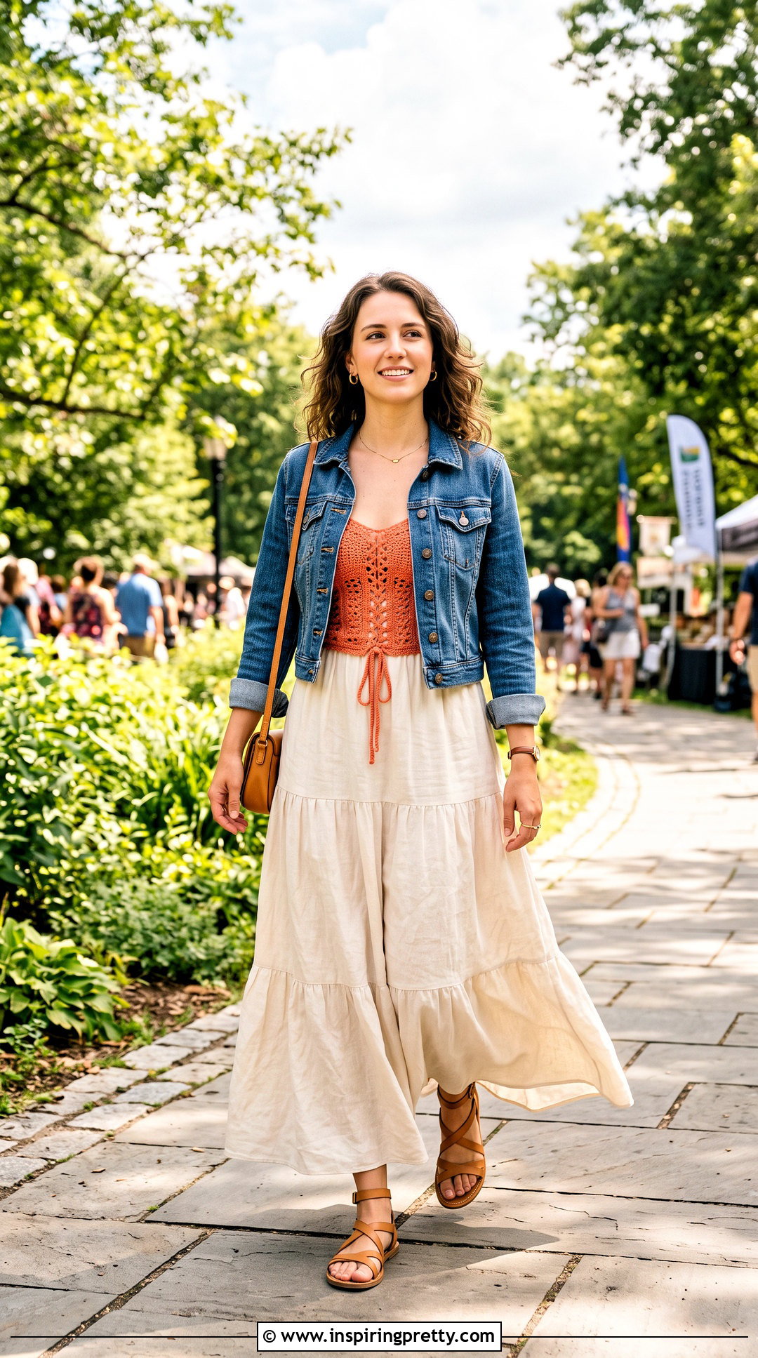 Crochet Corset Top With Denim Jacket And Maxi Skirt - 50 crochet corset top outfit ideas