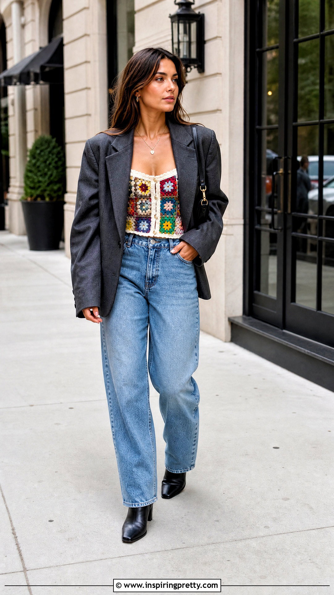 Crochet Corset Top With Oversize Blazer And Jeans - 50 crochet corset top outfit ideas