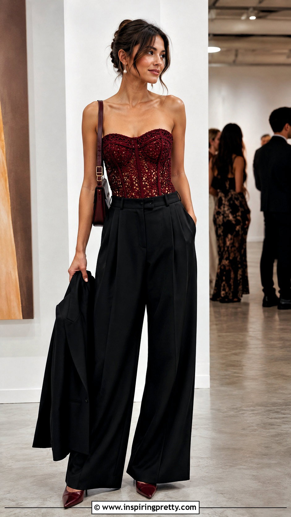 Crochet Corset Top With Tailored Pants - 50 handmade tops outfit ideas